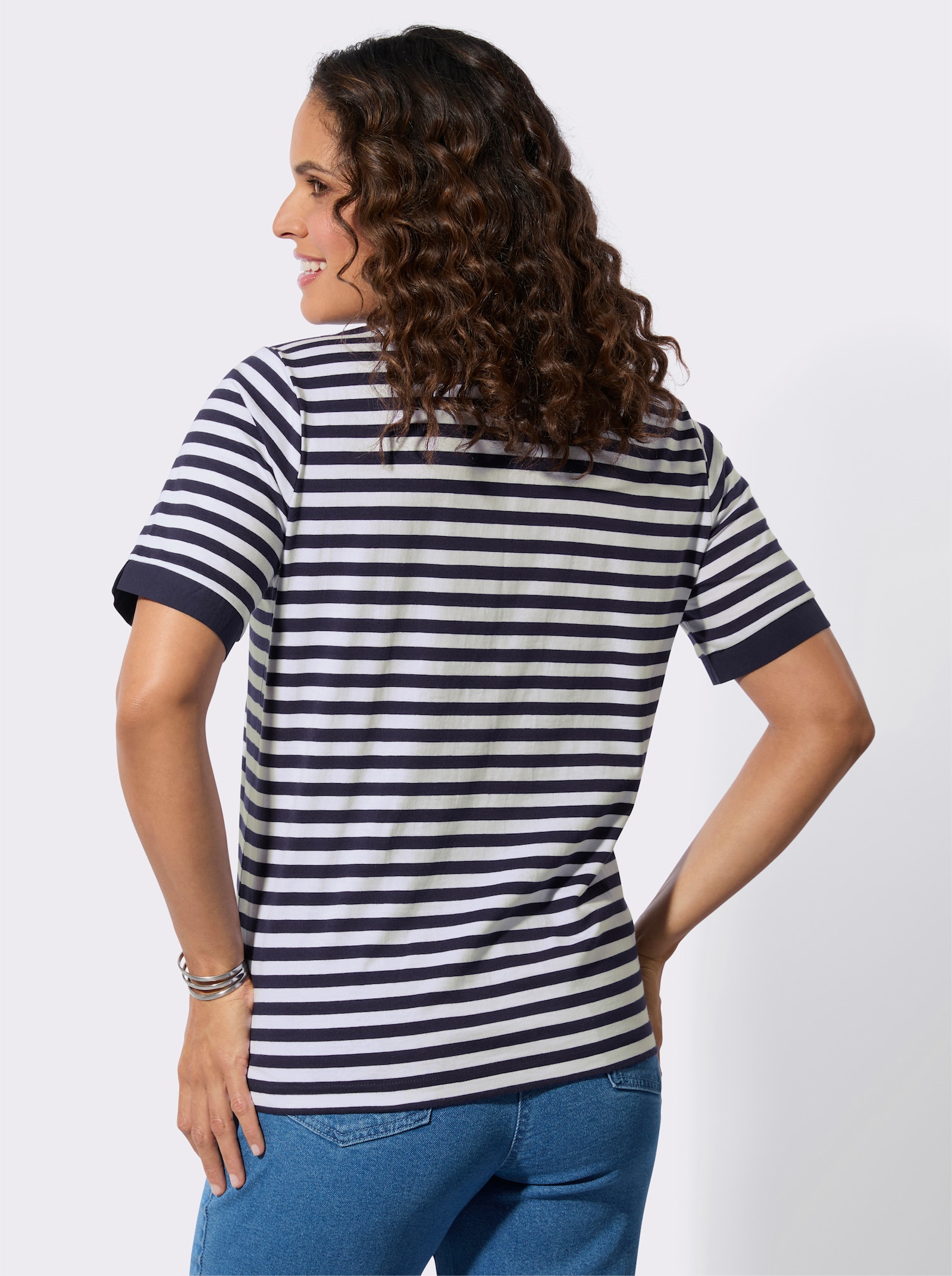 Poloshirt mit Ösen-Verzierung - marine-weiß-geringelt