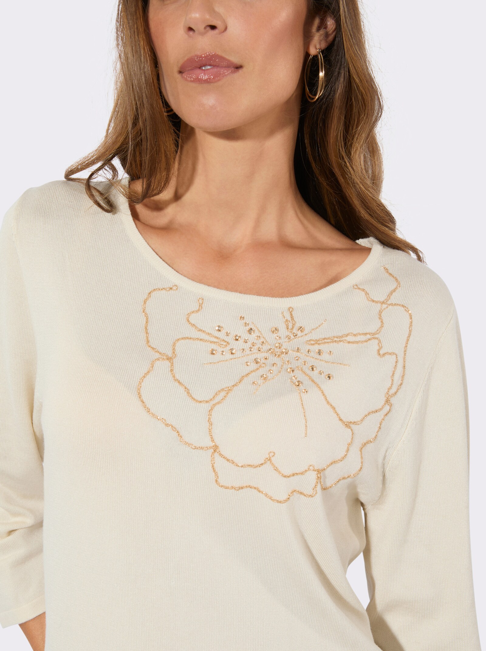 Feinstrickpullover mit Blütenmotiv - champagner