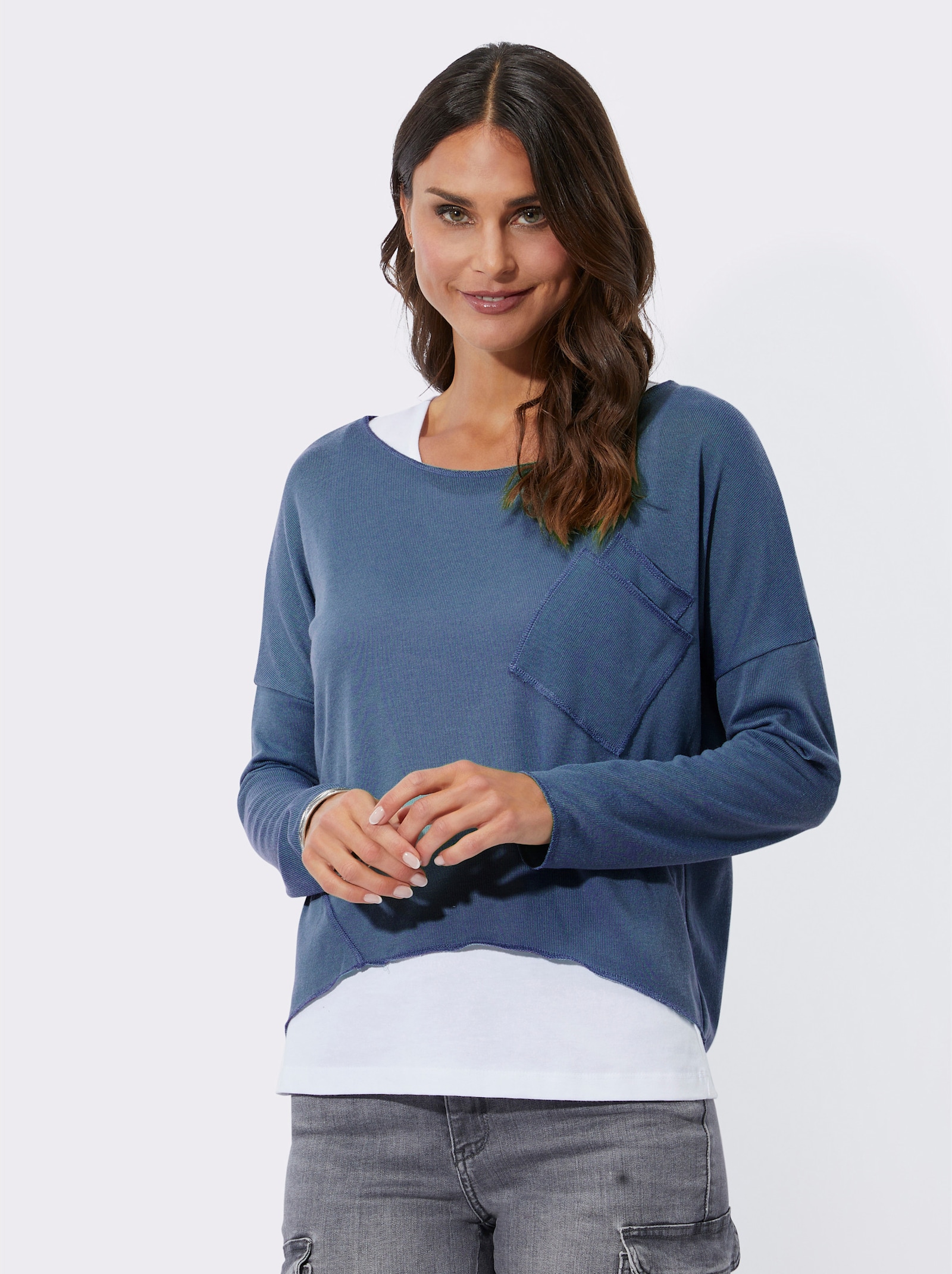2-in-1-Shirt mit Unterzieh-Top - jeansblau-weiß