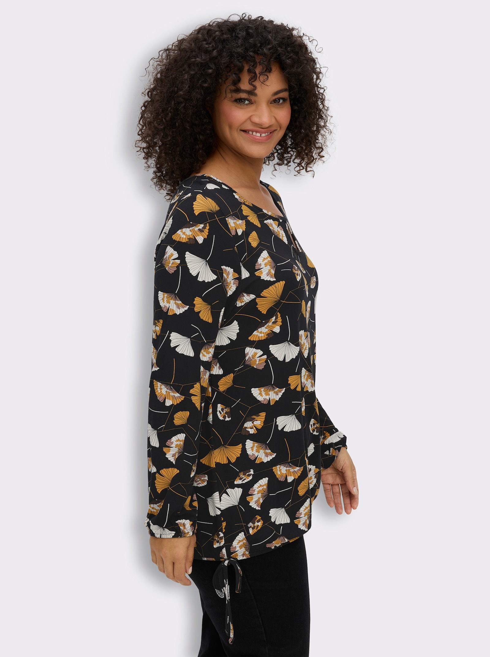Langarmshirt - schwarz-ocker-bedruckt