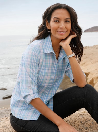 Karobluse mit Hemdkragen - hellrosé-eisblau-kariert