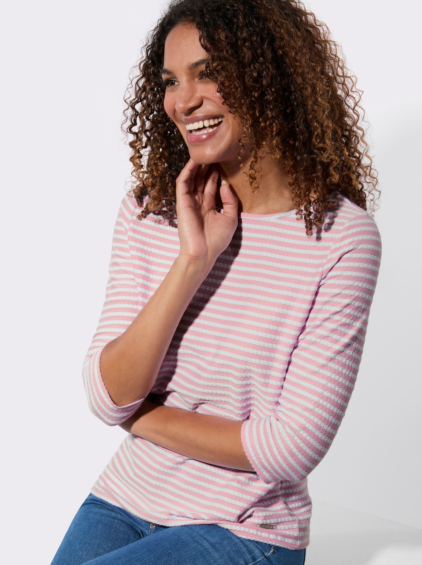 Pruh. tričko s lodičk. výstrihom - Ružové biele vynorovaný