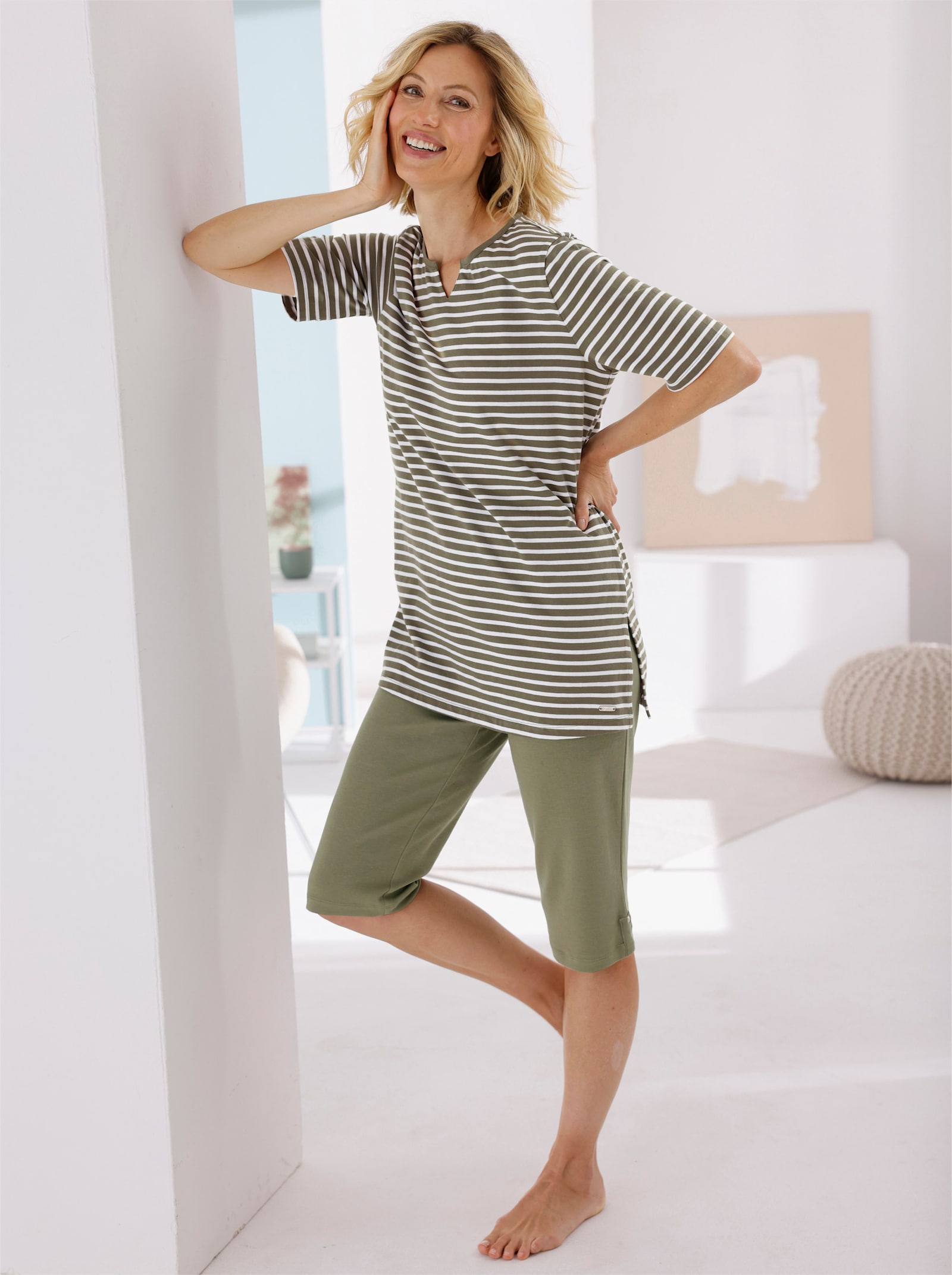 feel good Rundhalsshirt mit Halbarm - khaki-weiß