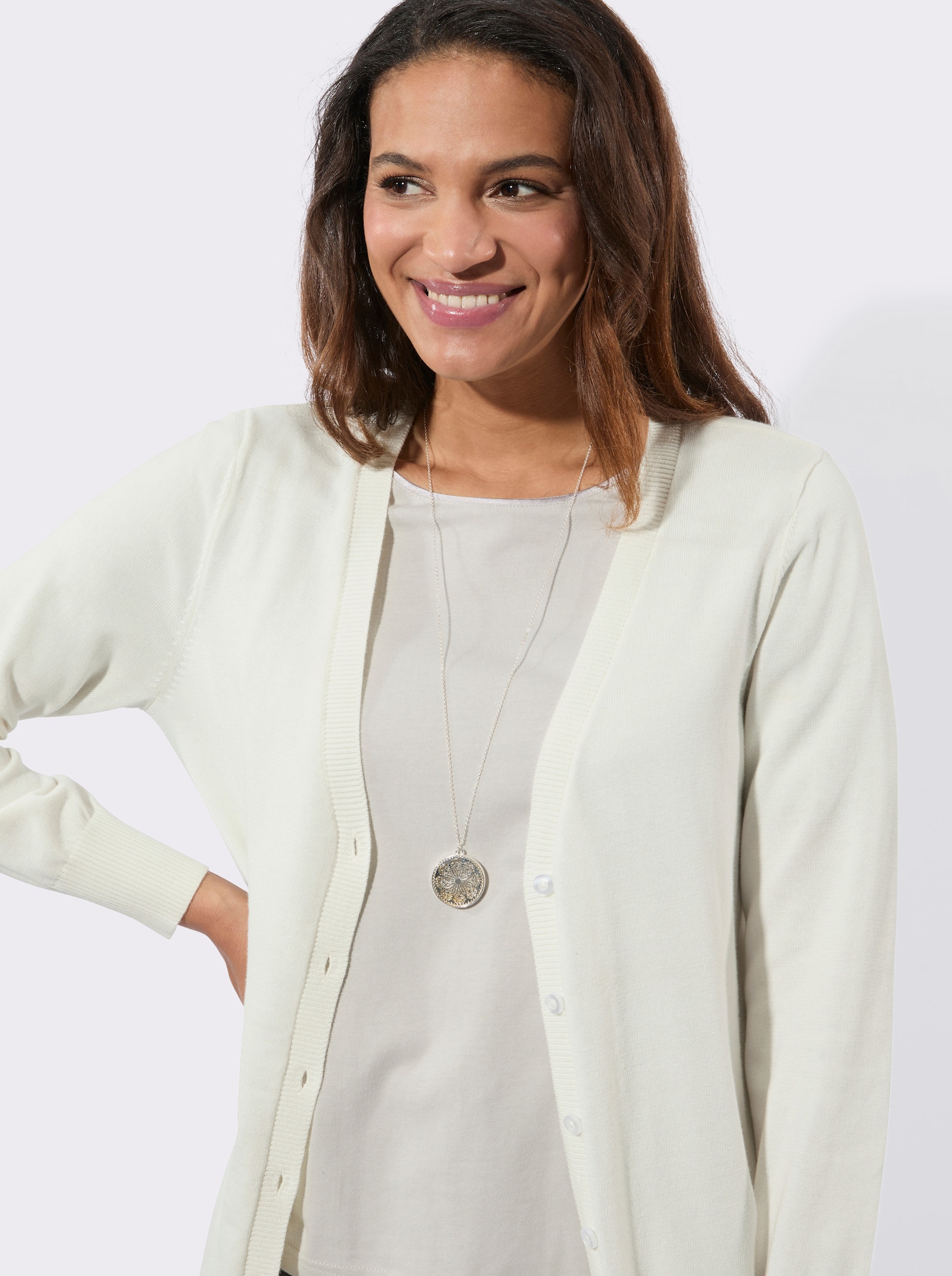 Longstrickjacke mit gerippten Bündchen - ecru