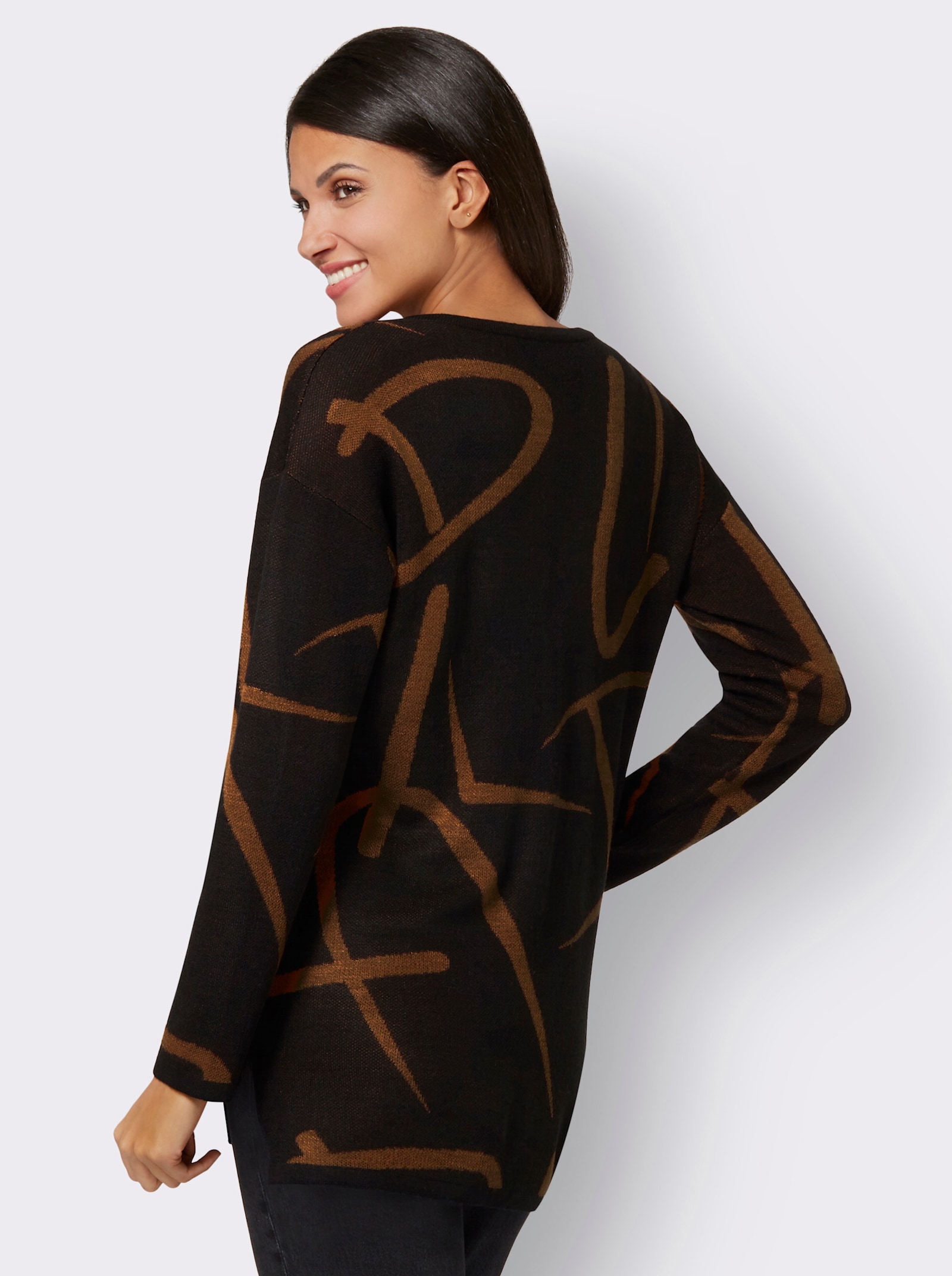 Longpullover mit Seitenschlitzen - schwarz-cognac-gemustert