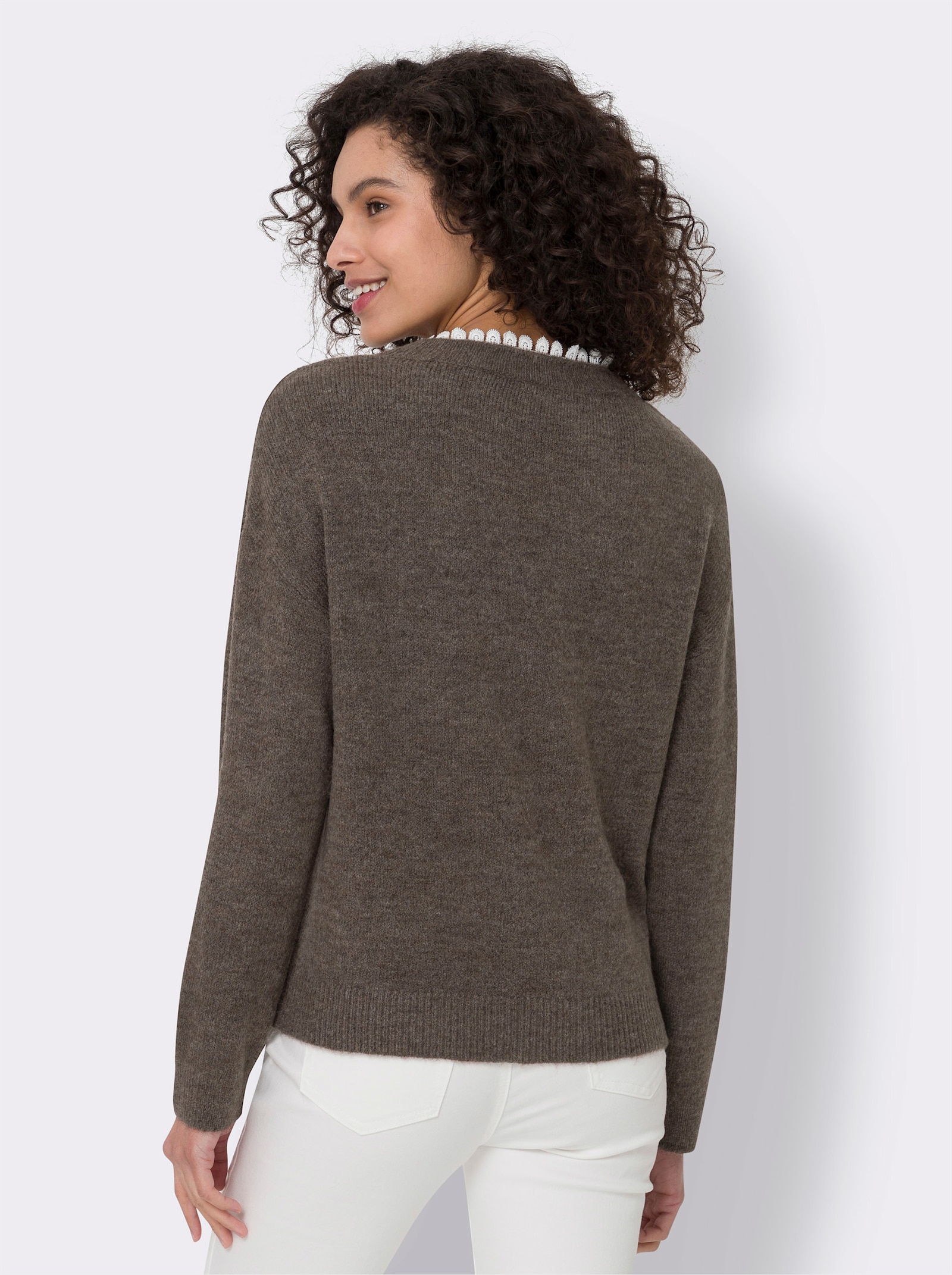 heine Pullover mit Spitzeneinsatz - dunkeltaupe-meliert