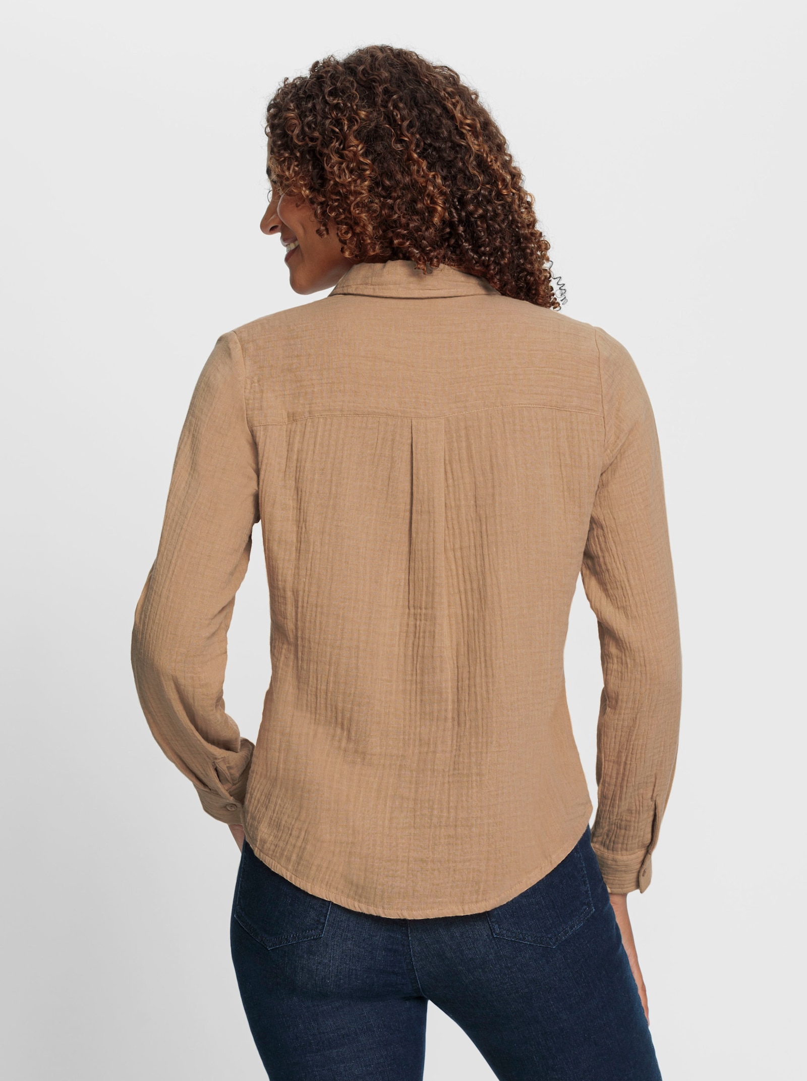 Baumwollbluse mit krempelbaren Ärmeln - camel