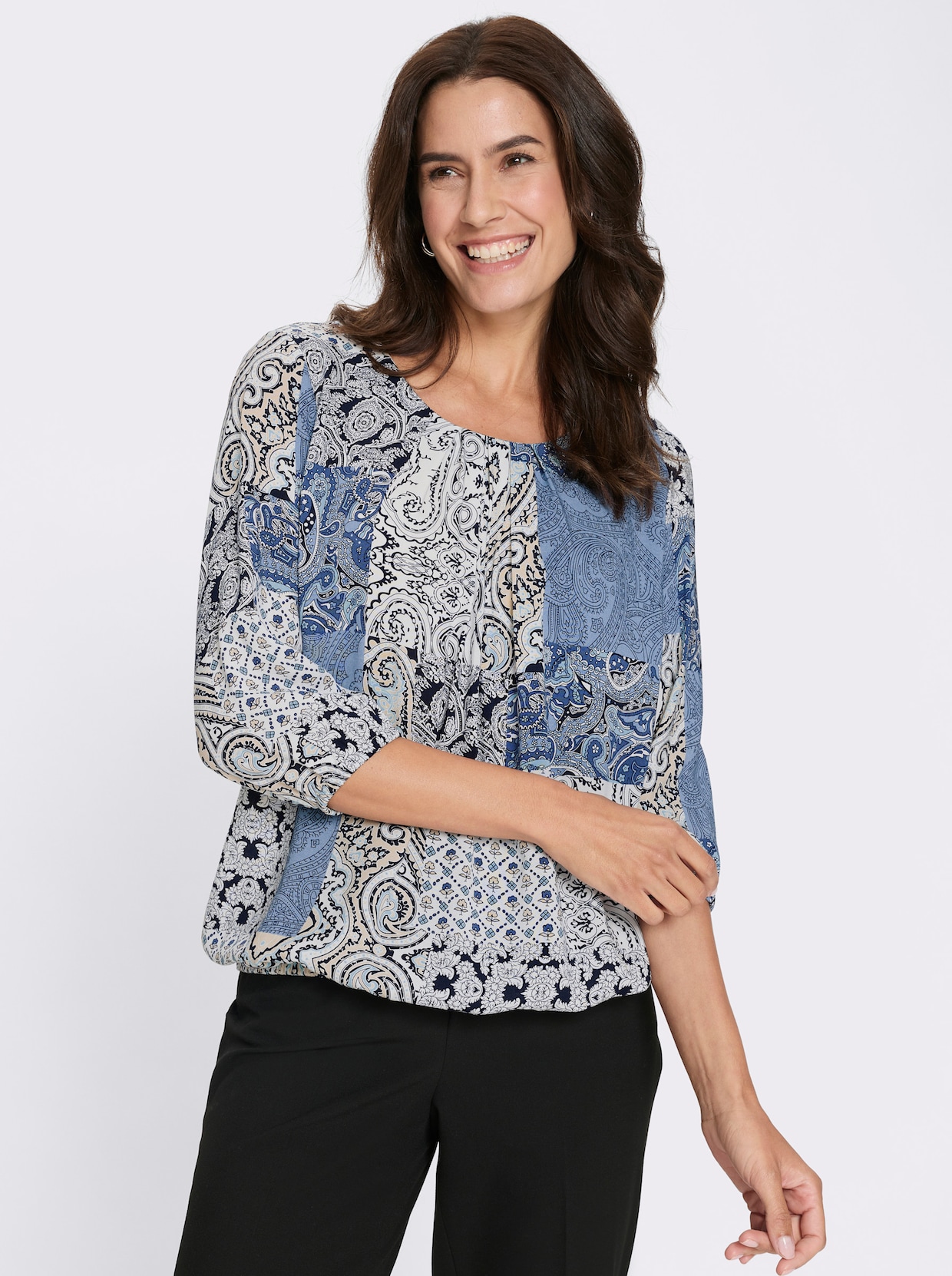 Druckbluse - ecru-bleu-bedruckt