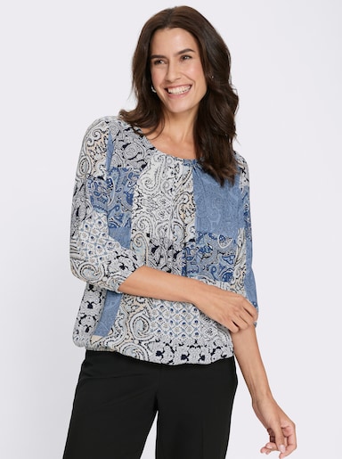 Druckbluse mit elastischen Abschlüssen - ecru-bleu-bedruckt