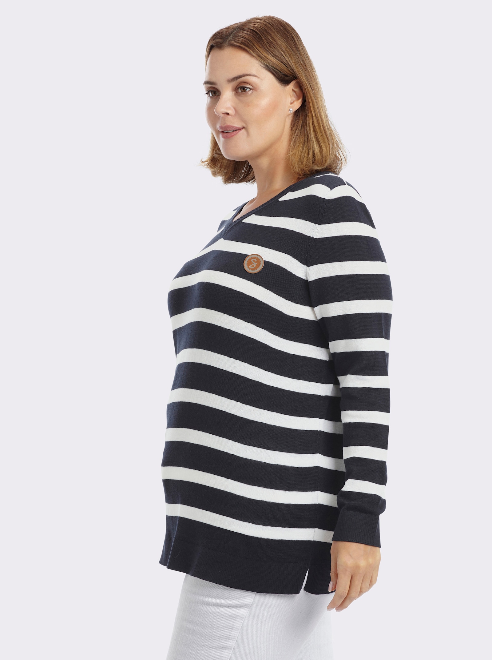 sheego Streifenpullover mit V-Ausschnitt - tiefblau-weiß-geringelt
