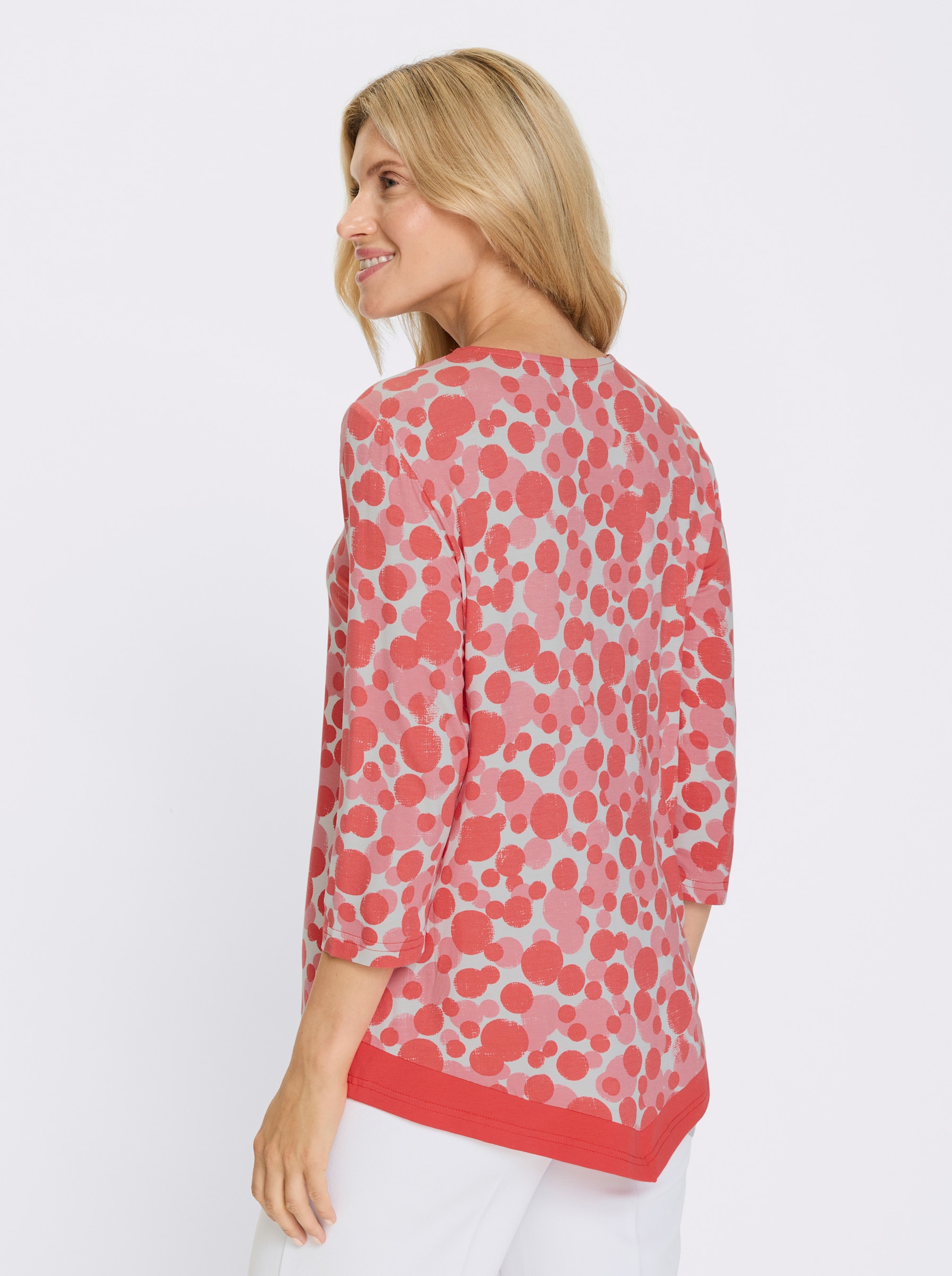 Shirt met 3/4-mouwen en spits toelopende zoom - ecru/grapefruit gedessineerd