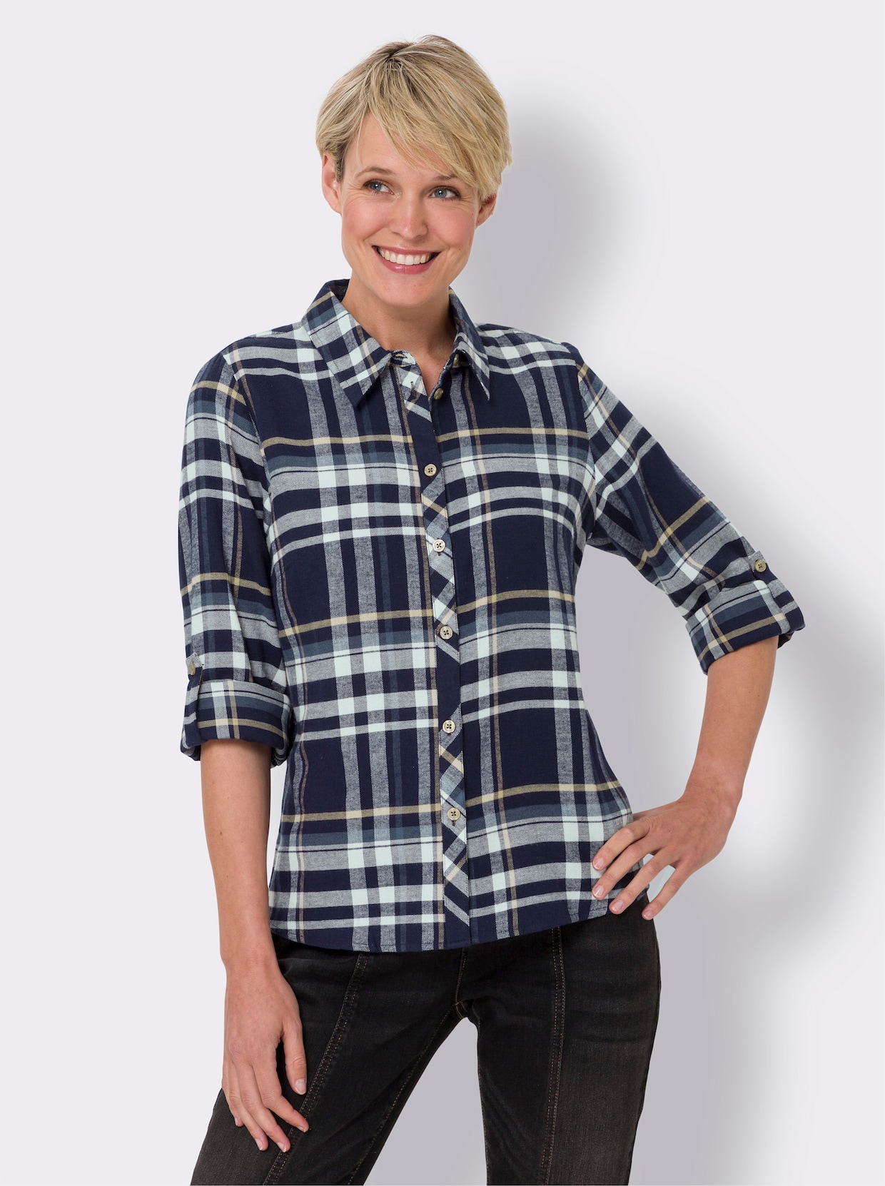 Flanellbluse - marine-camel-kariert