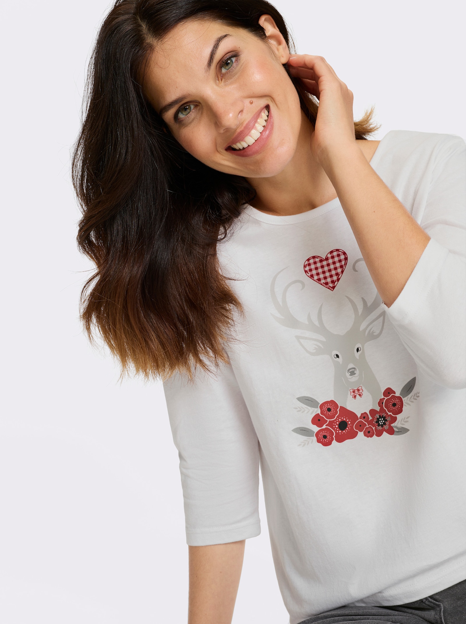 Shirt met 3/4-mouwen en hertenmotief - wit/rood geprint