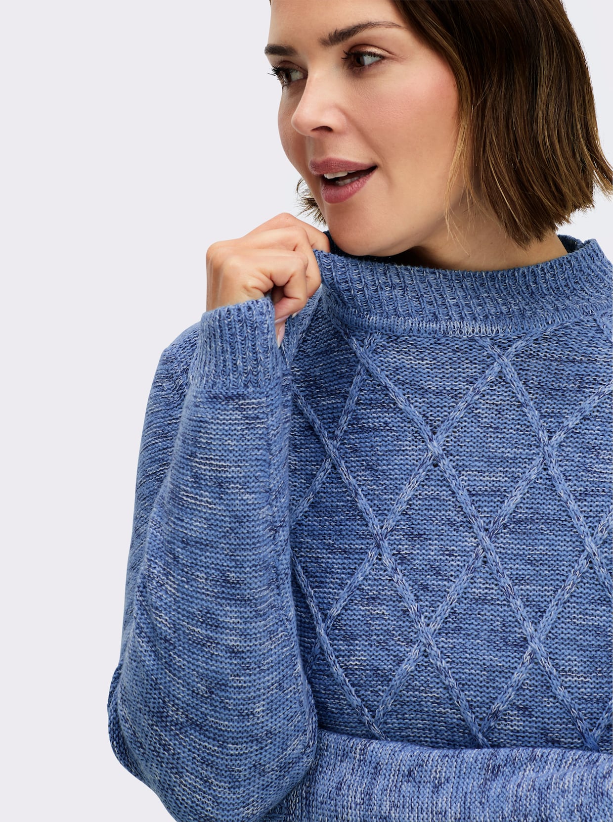 Stehkragenpullover im Rauten-Dessin - blau-meliert