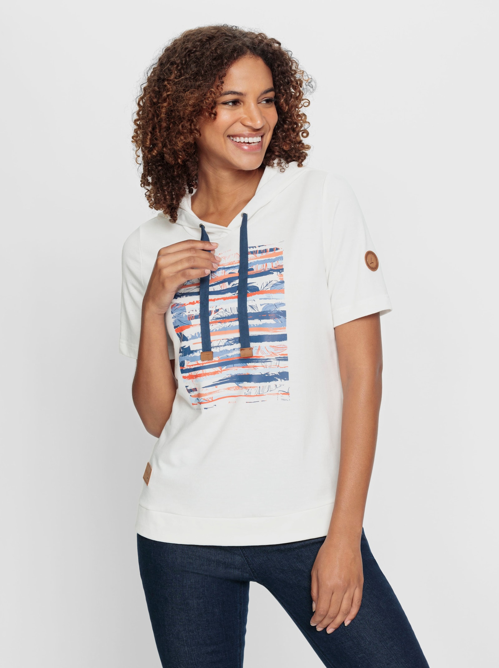 Sweatshirt mit Kapuze - ecru-dunkelblau-bedruckt