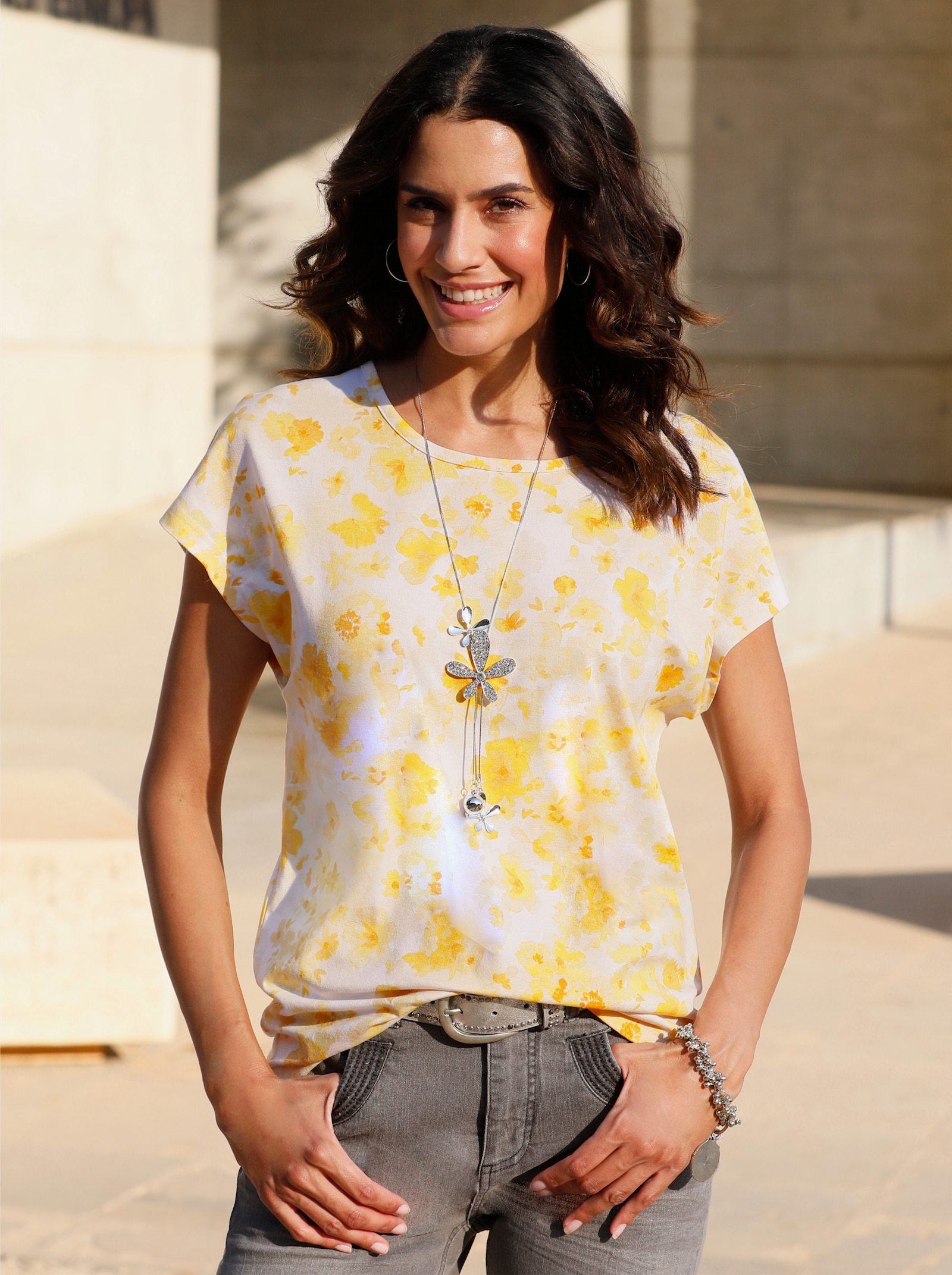 Print-Shirt Mit Paspelverzierung - zitrone-weiss-bedruckt