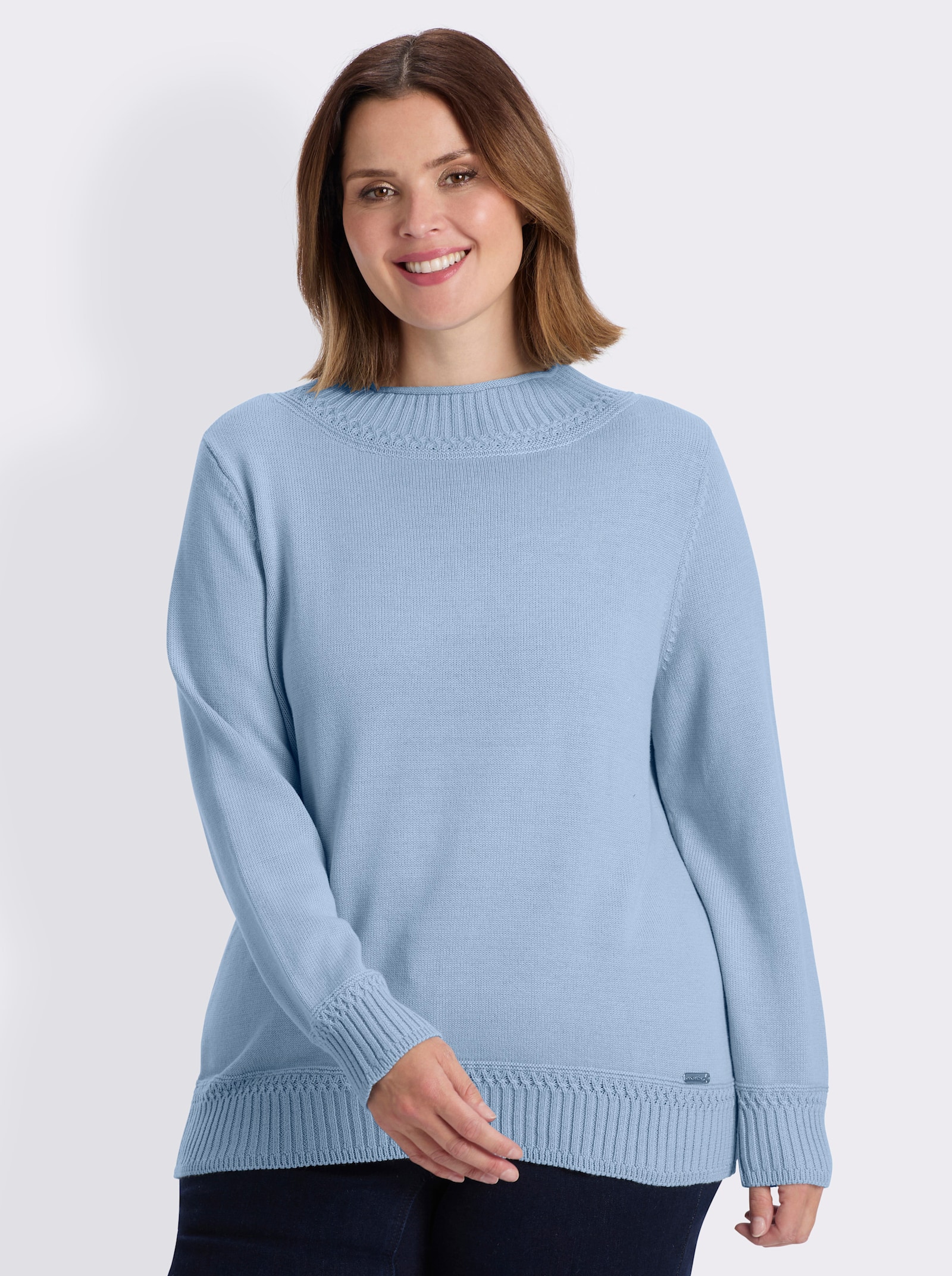 Stehkragenpullover mit Ripp-Abschlüssen - eisblau