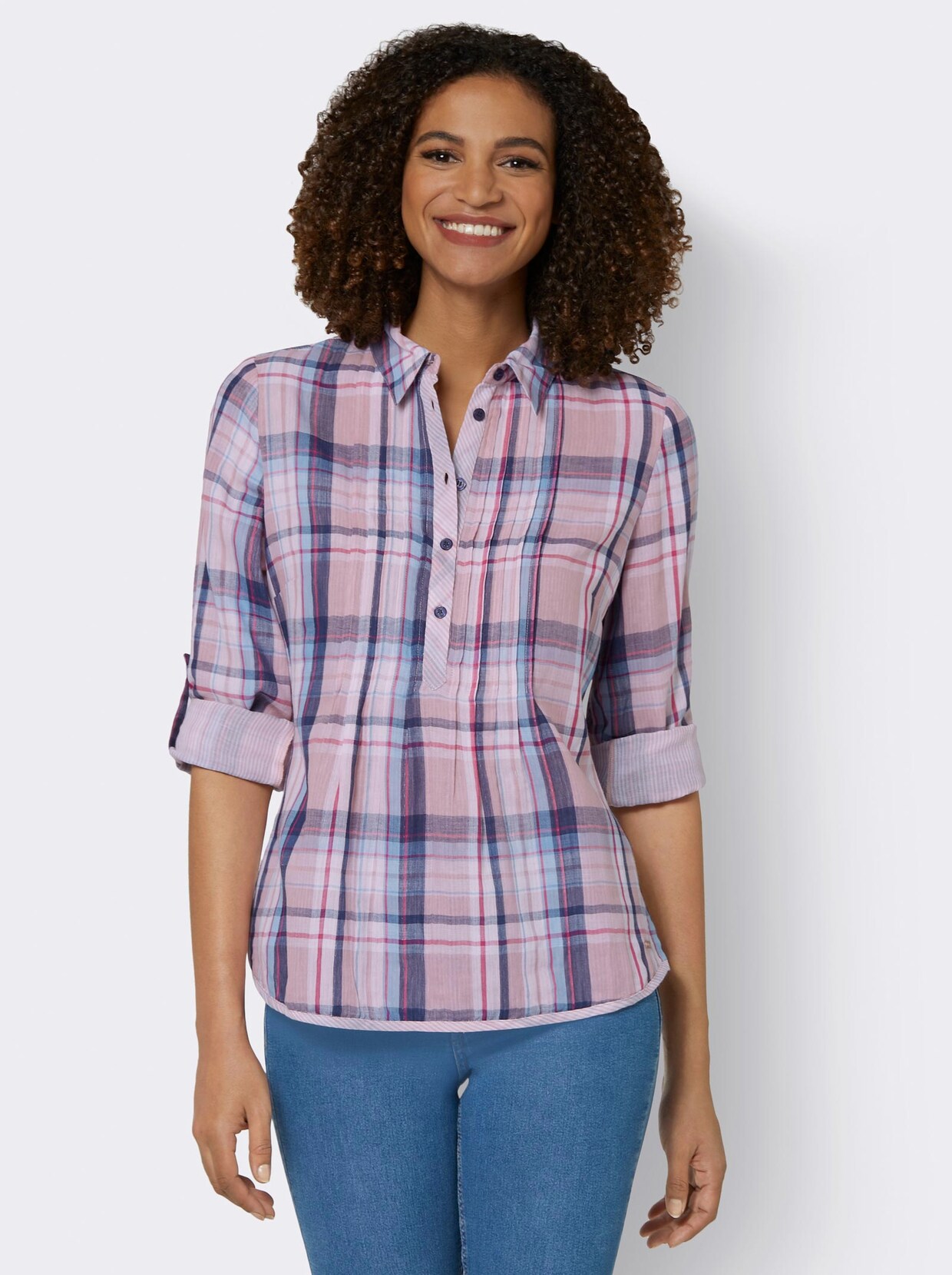 Comfortabele blouse - blauw/roze geruit