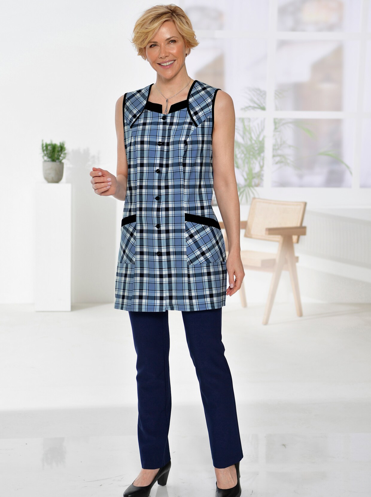 3/4-damesblouse - hemelsblauw/marine geruit