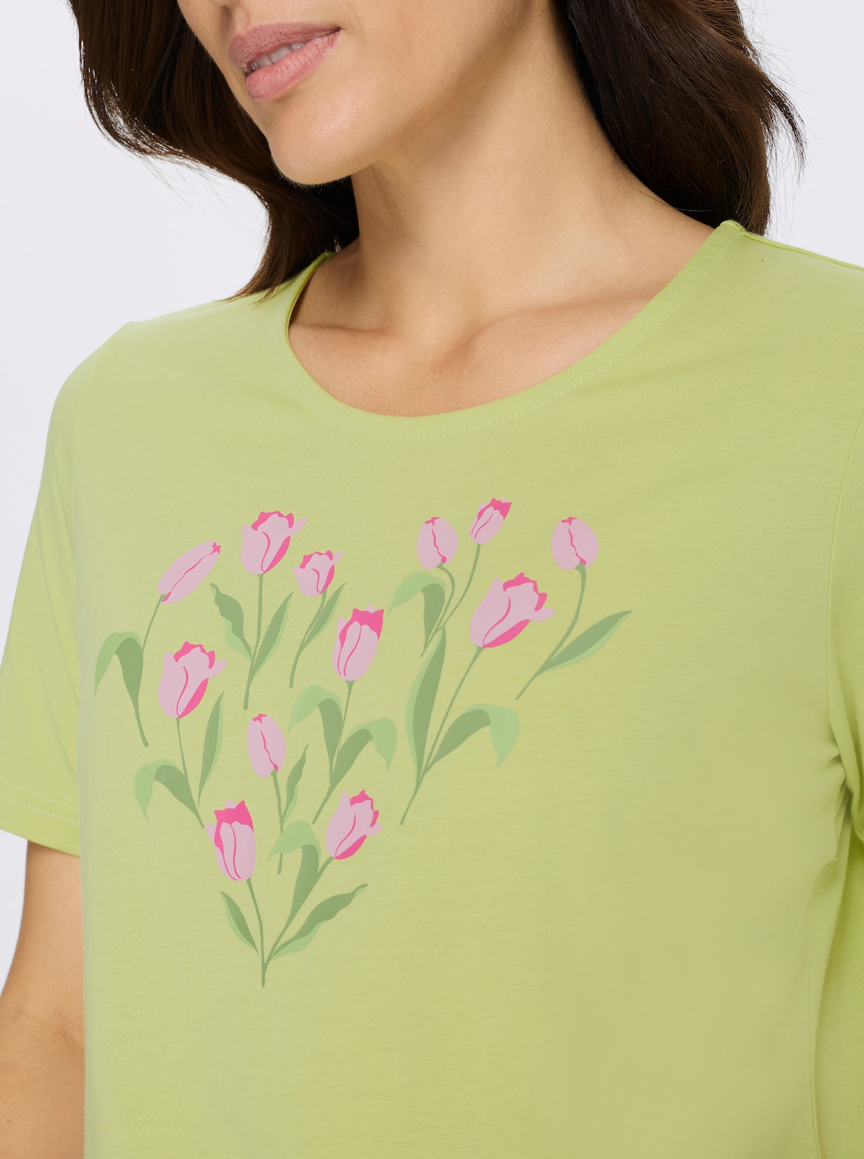 Kurzarmshirt mit platziertem Tulpen-Druck - pistazie-fuchsia