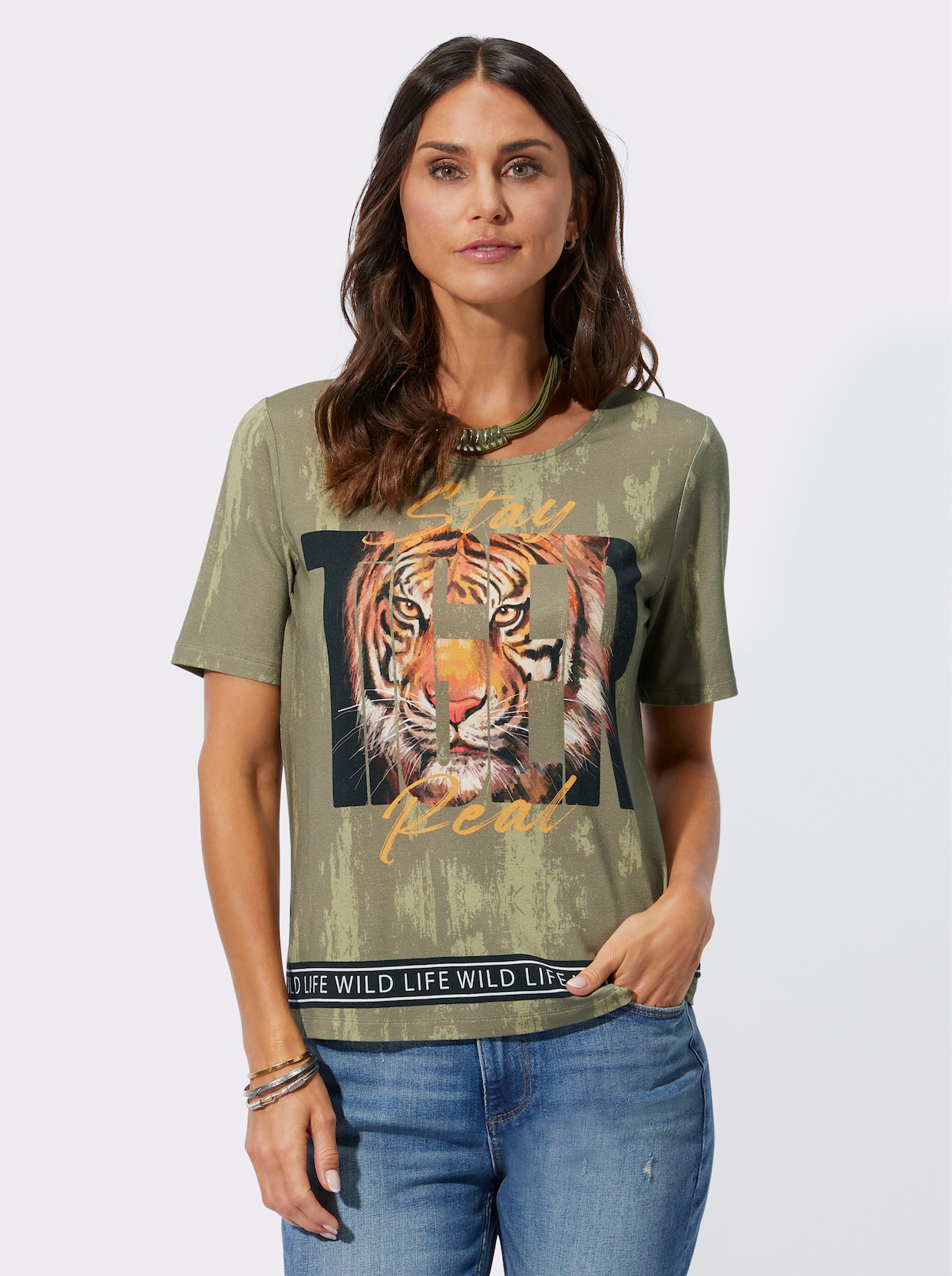Shirt - kaki/bruin bedrukt