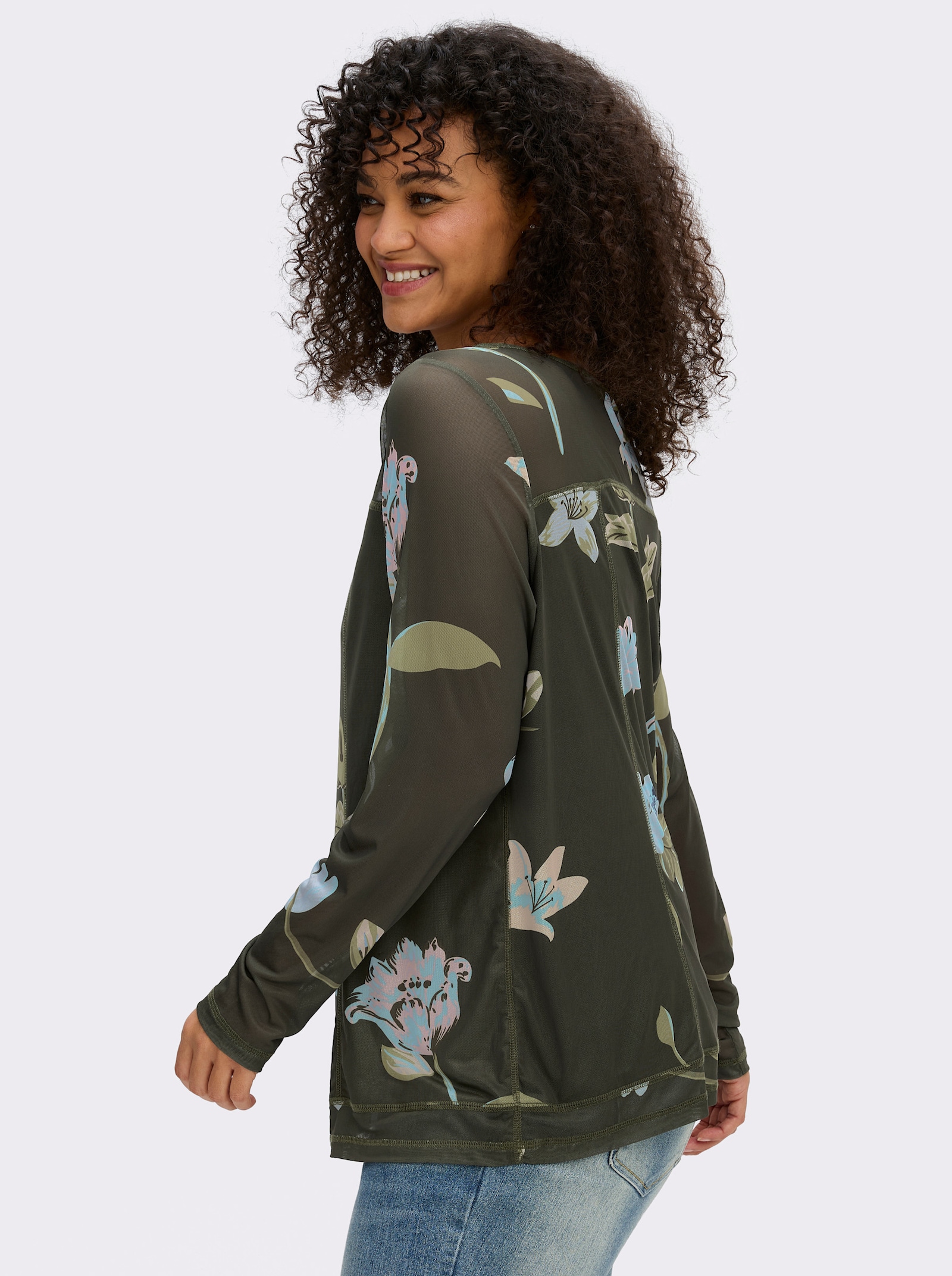 sheego by Joe Browns Shirt met lange mouwen en bloemenprint - mos/ecru gedessineerd