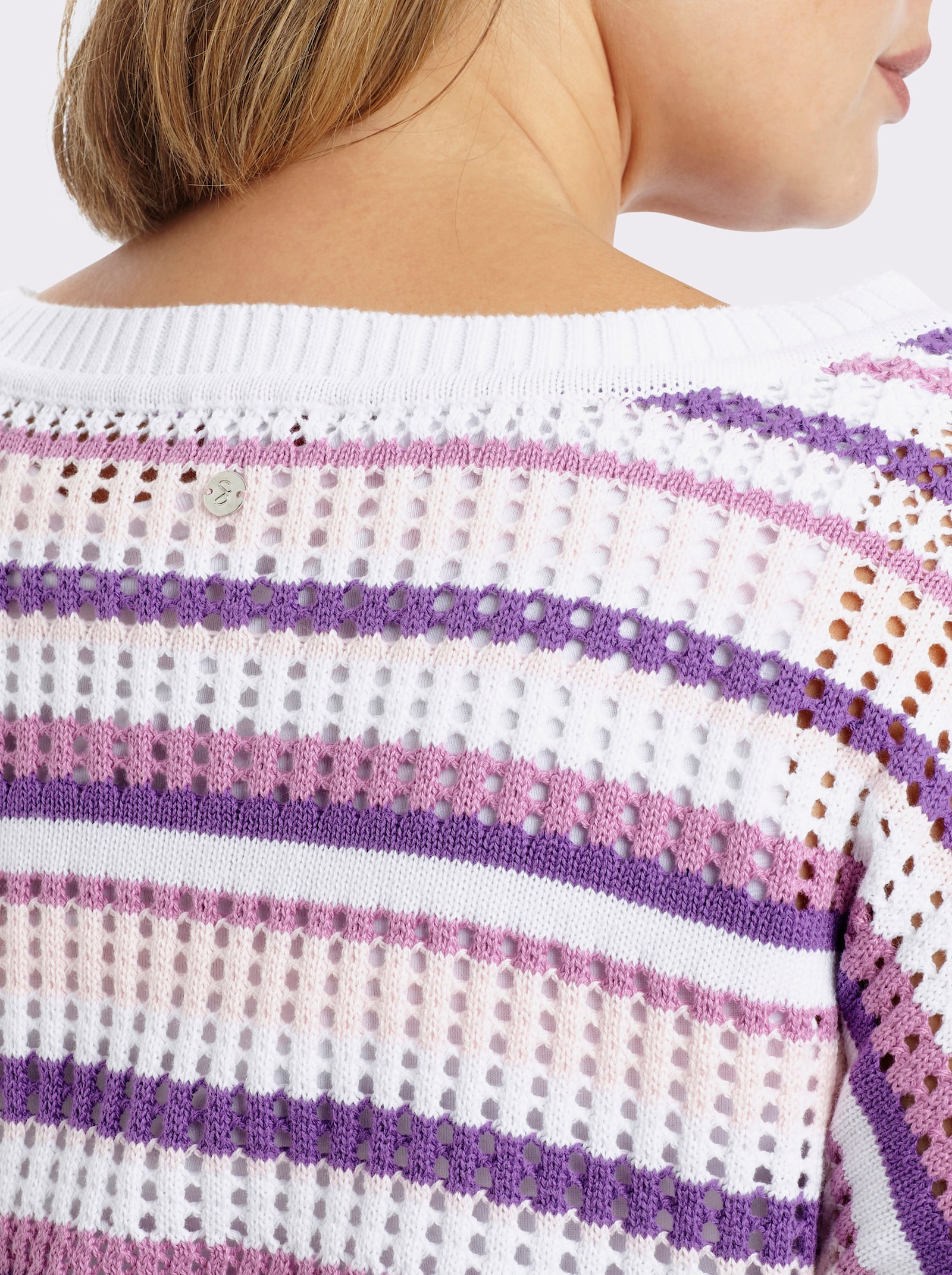 sheego 3/4 Arm-Pullover im Ajour-Strick - orchidee-weiss-geringelt