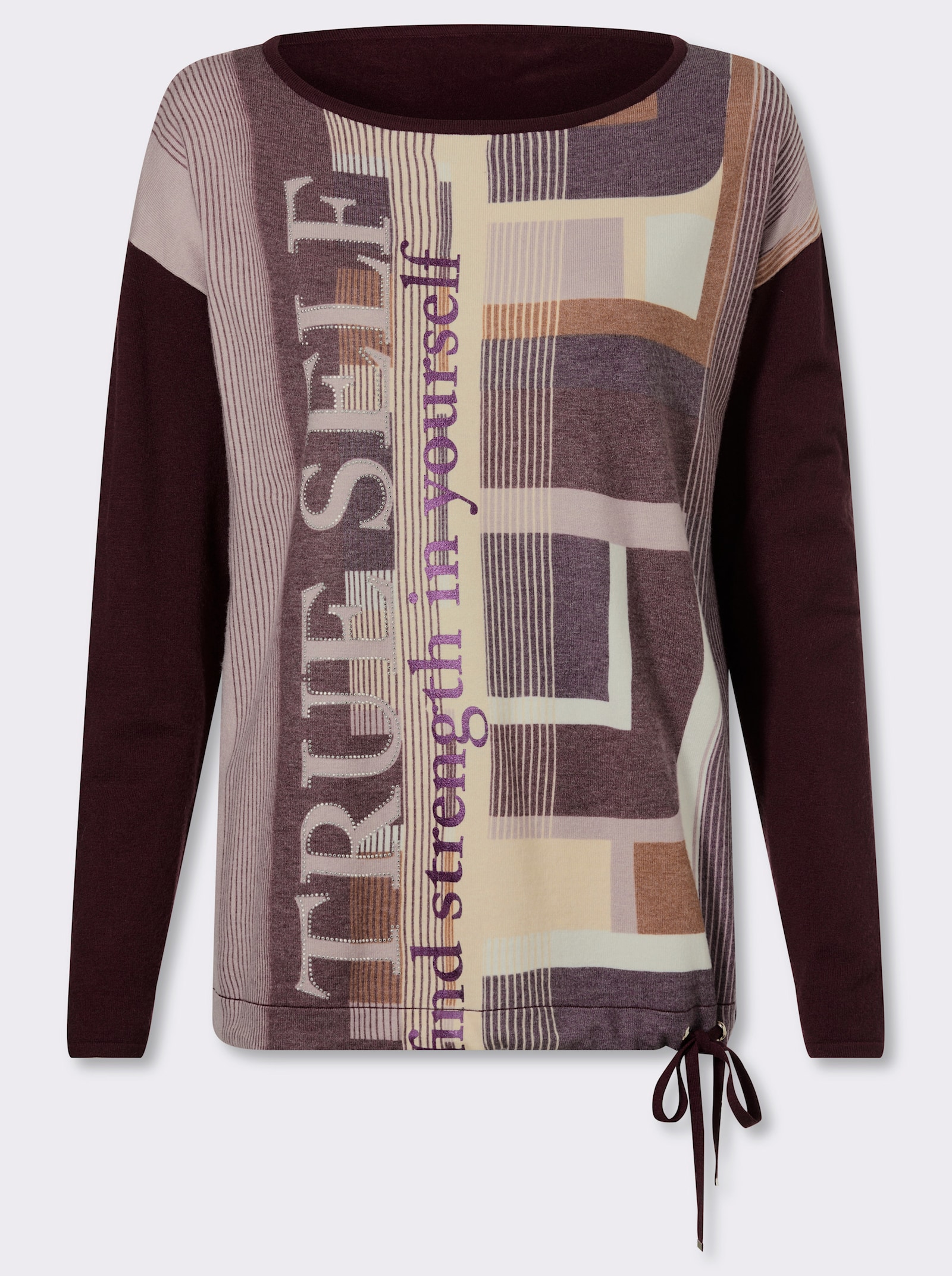 heine Langarm-Pullover mit Tunnelzug und Bindeband - burgund-mauve-bedruckt