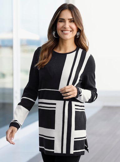 Longpullover mit Grafik-Muster - schwarz-weiß-gemustert