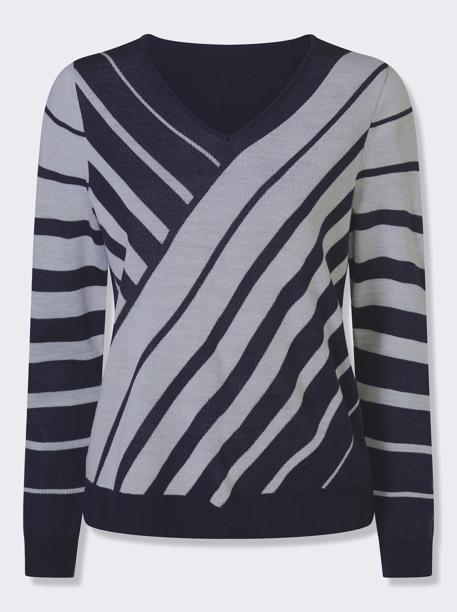 Svetr s výstřihem do V a proužkovaným vzorem - námořnická modrá-bílá-vzor