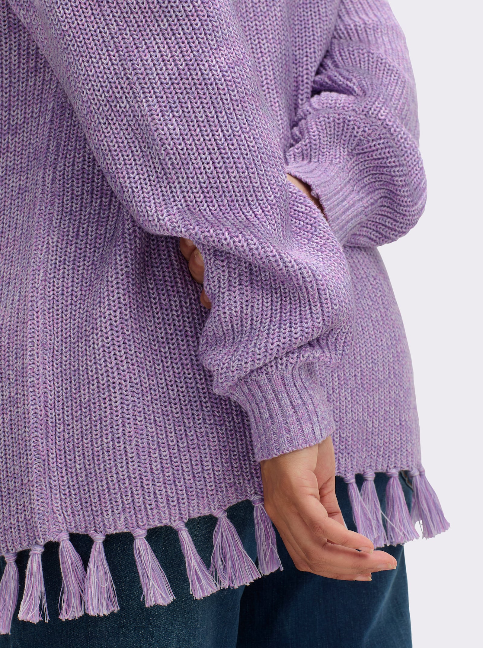 sheego V-Ausschnitt-Pullover mit Fransensaum - lavendel-meliert