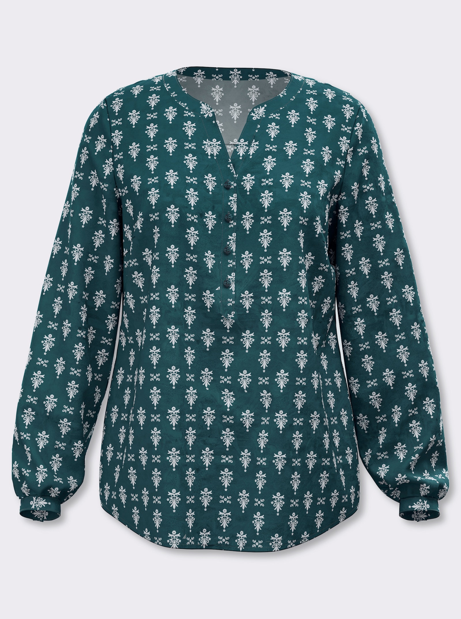 Schlupfbluse mit kurzer Knopfleiste - petrol-ecru-bedruckt