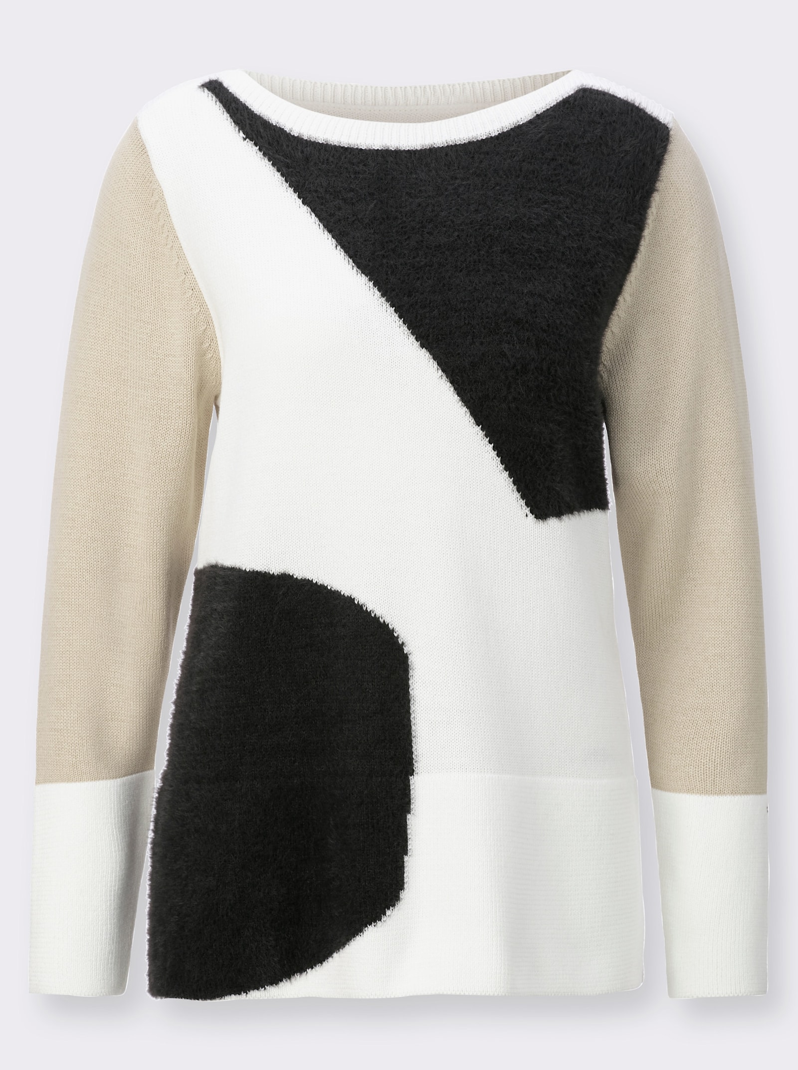 Langarm-Pullover mit Flauschgarn - schwarz-ecru-gemustert