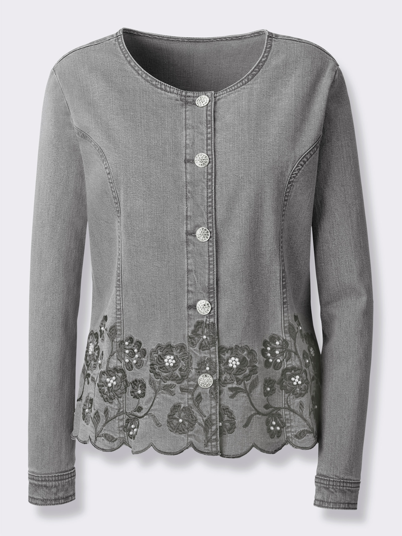 Jeansblazer mit Blütenstickerei - grey-denim