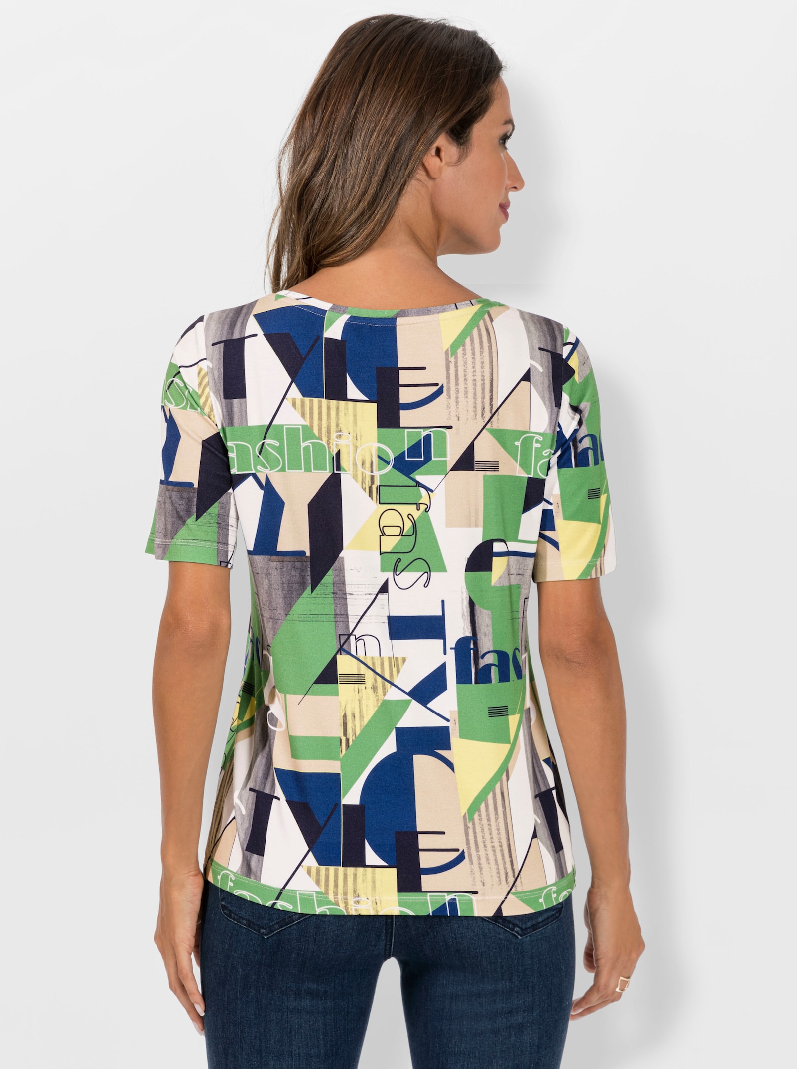 Kurzarmshirt in Viskose-Qualität - nachtblau-apfel-bedruckt