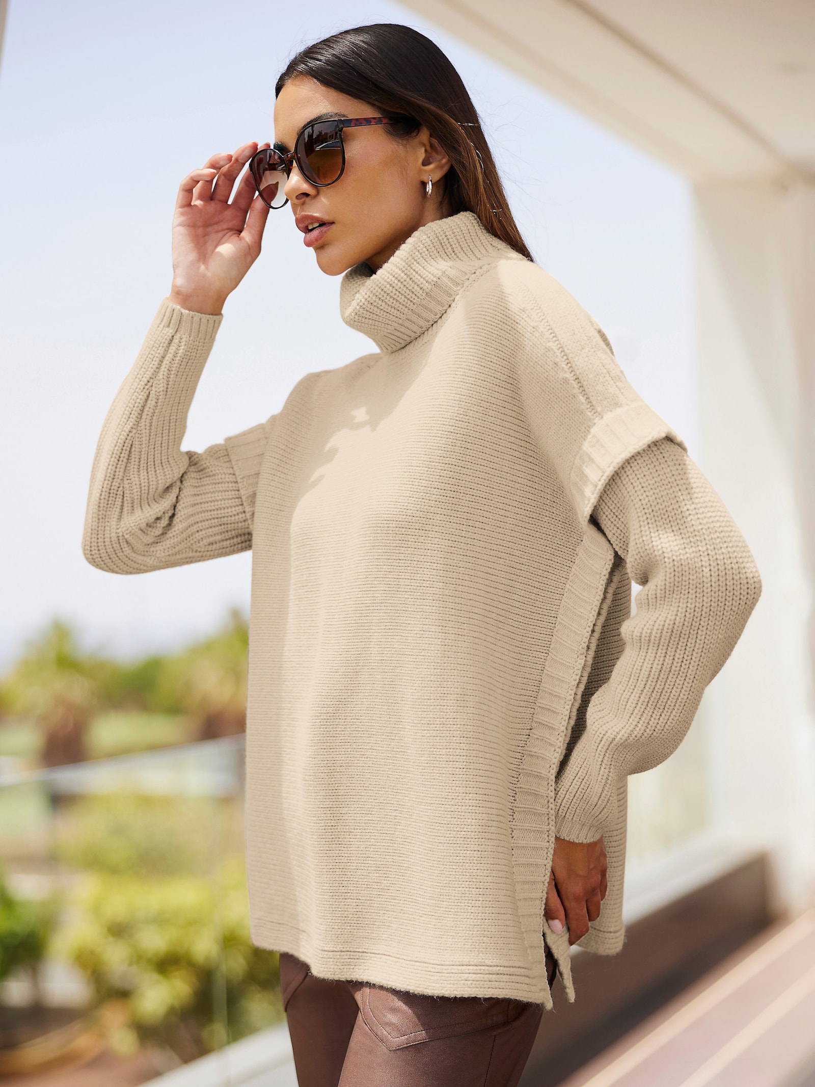 heine Rollkragenpullover in Poncho-Optik - sand-meliert