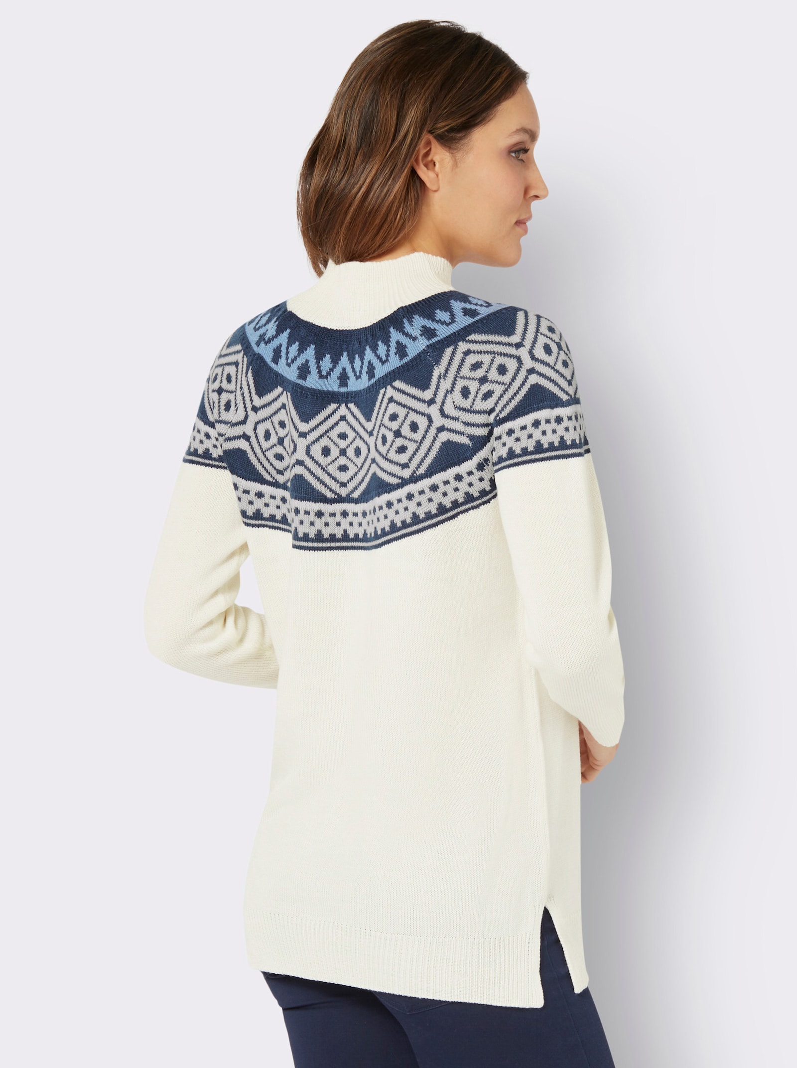 Lange pullover met Noors patroon - ecru/donkerblauw