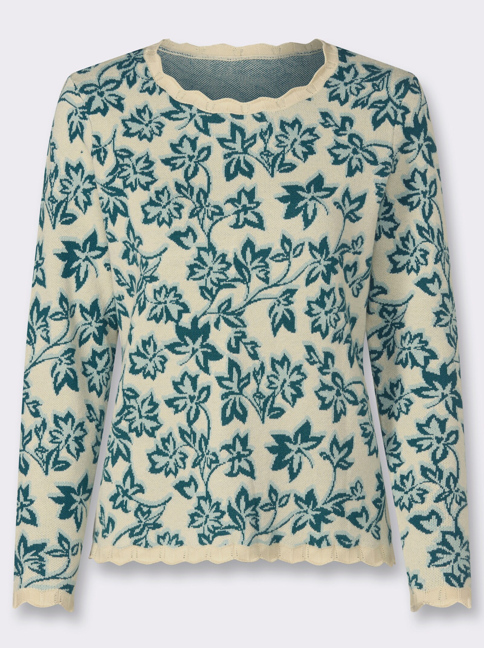Jacquard-Pullover im Blätter-Dessin - champagner-petrol-gemustert