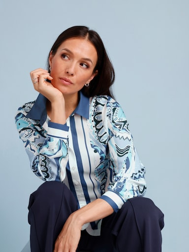 CREATION L PREMIUM Druckbluse im Tücherdruck - weiß-eisblau-bedruckt