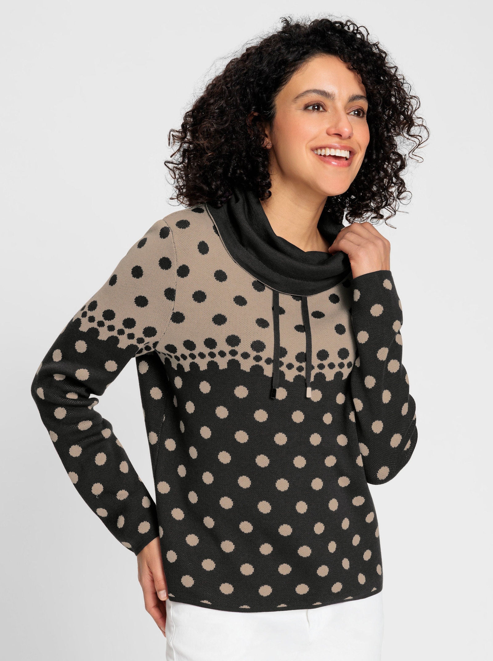 Jacquard-Pullover im Tupfenmuster - schwarz-beige-meliert