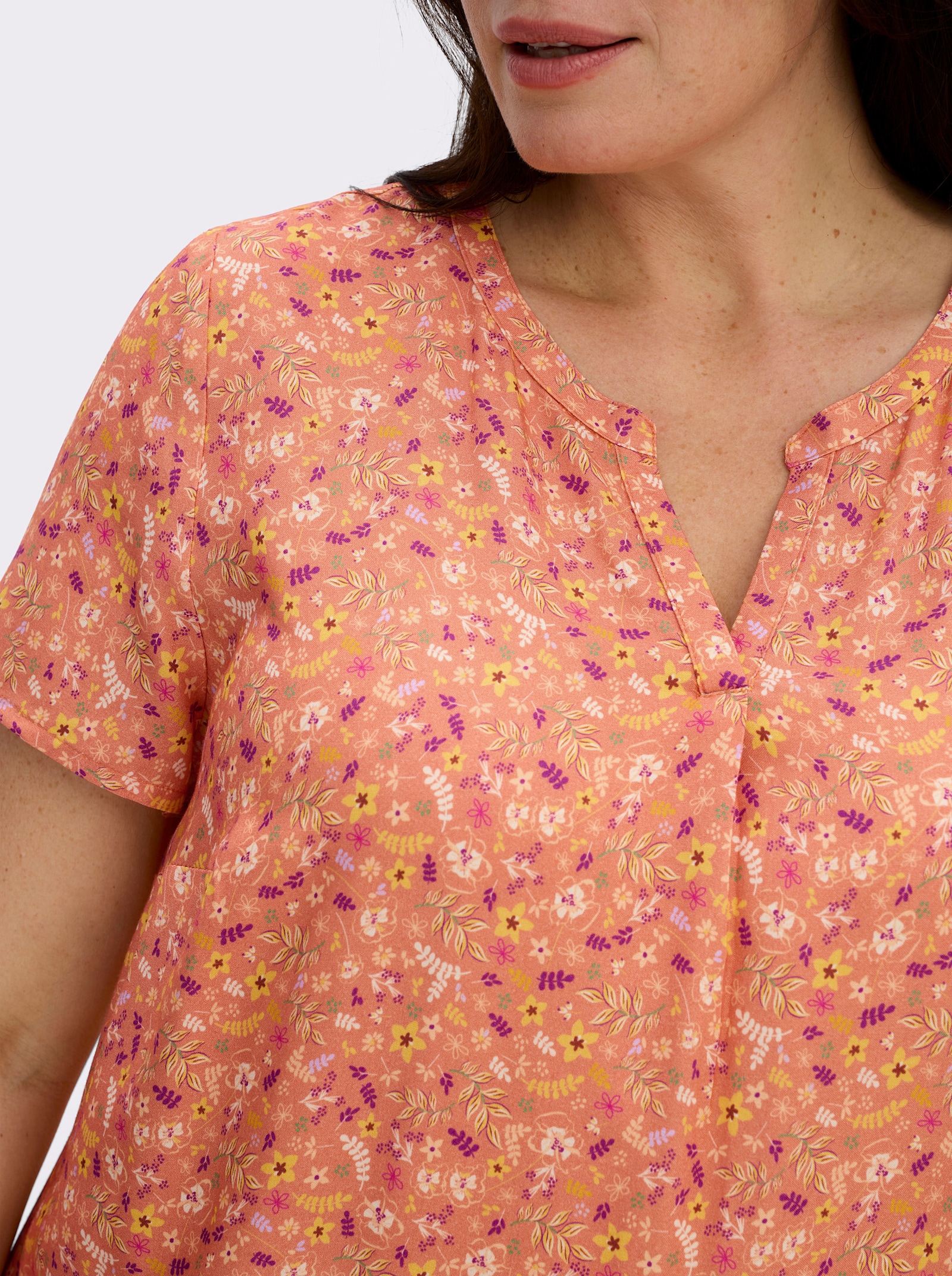 Druckkleid mit Blümchen- und Bordürenmuster - papaya-rotbraun-bedruckt