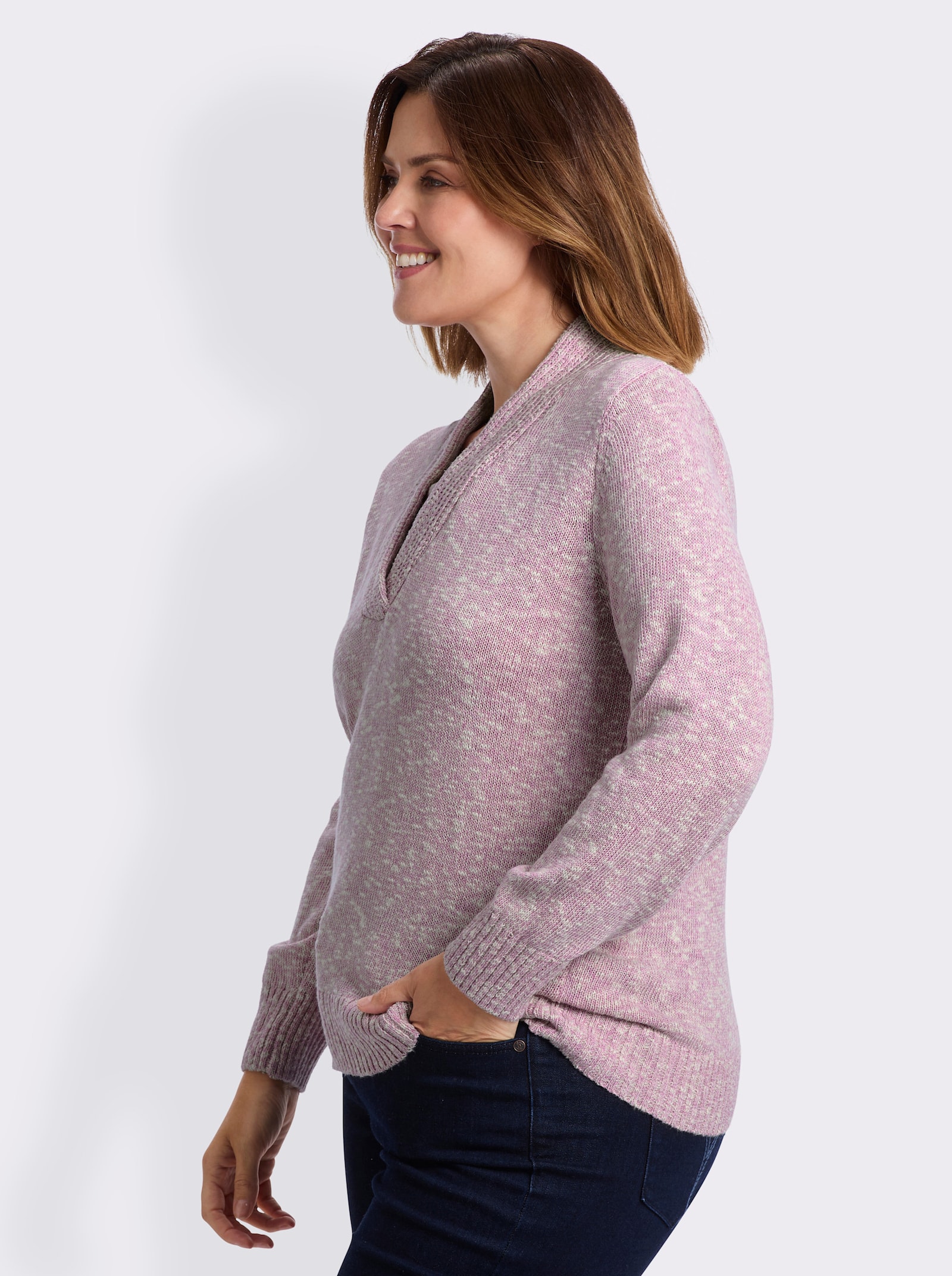 V-Ausschnitt-Pullover in 2-in-1-Optik - orchidee-meliert