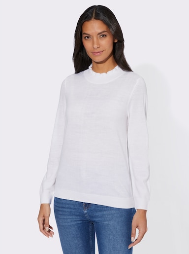 Stehkragenpullover mit Rüschen-Ausschnitt - ecru