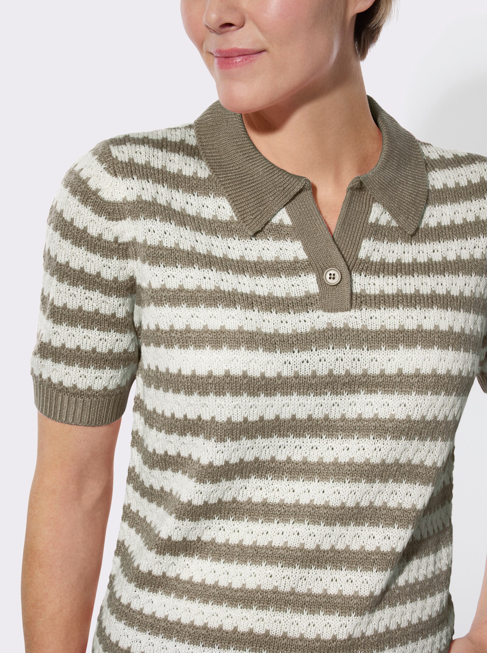 Polopullover mit Ajourmuster - schlamm-ecru-geringelt