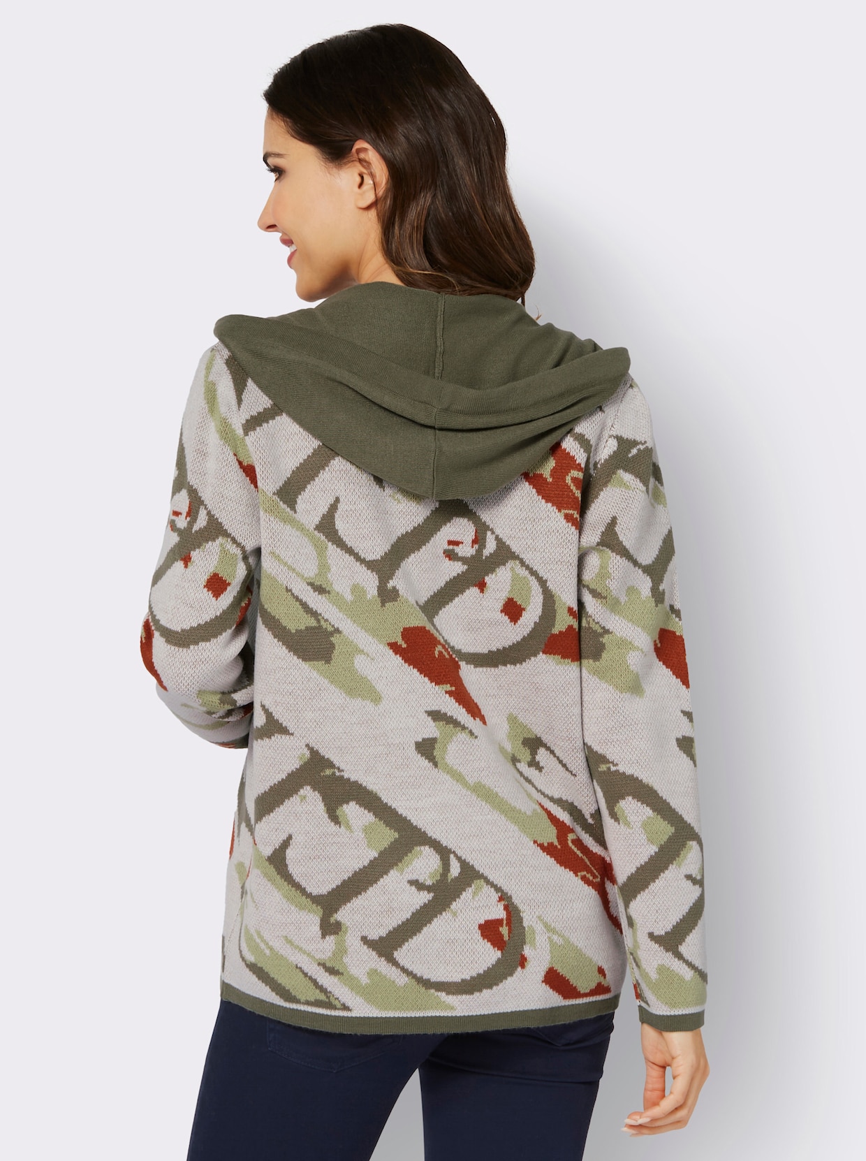 Jacquardstrickjacke - khaki-rostrot-gemustert