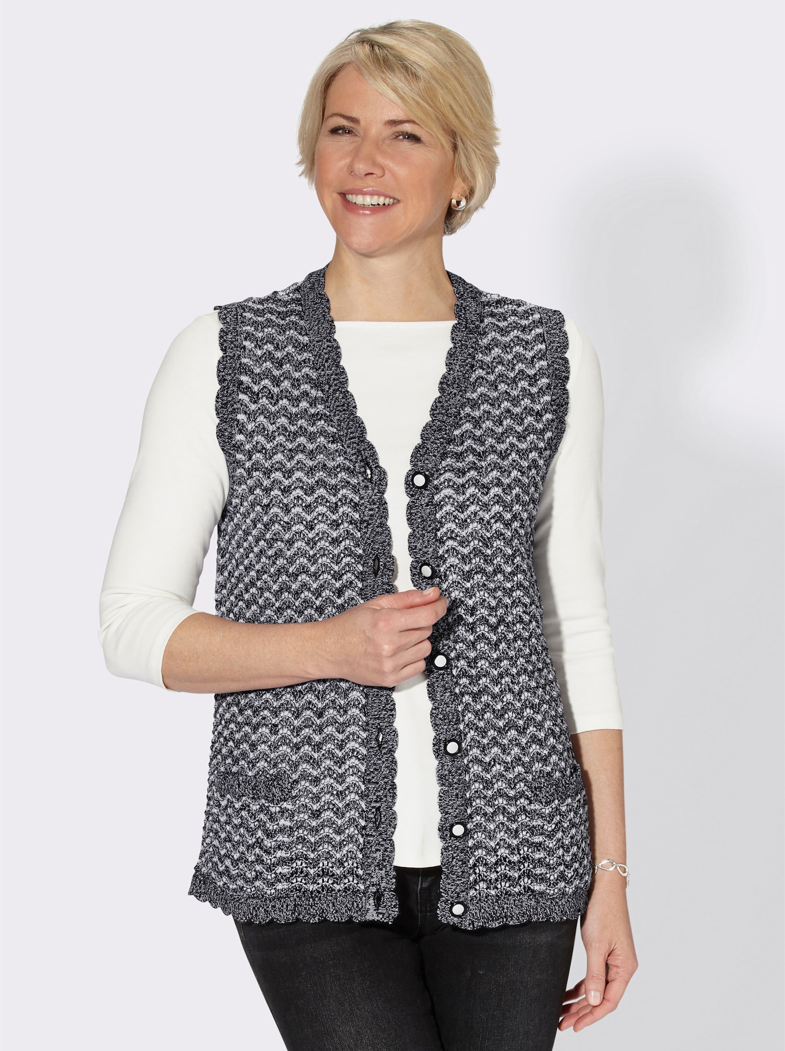 Strickweste mit zweifarbigem Ajourmuster - schwarz-meliert