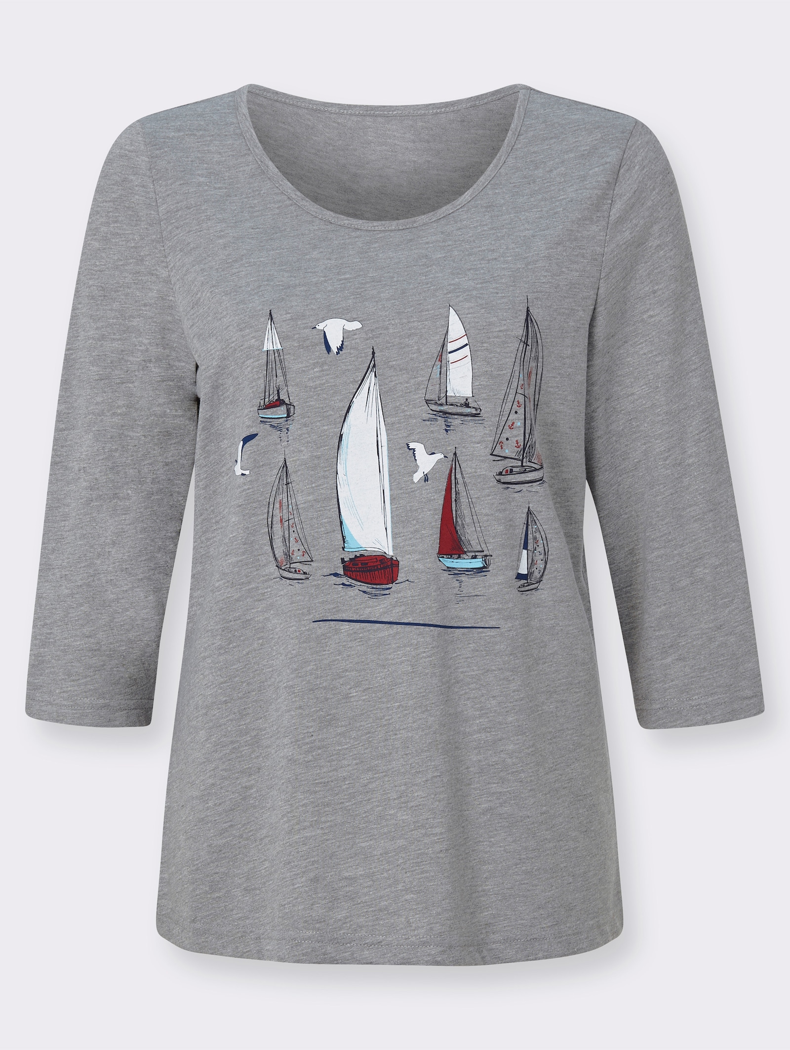 3/4-Arm-Shirt mit Segelboot-Motiv - steingrau-meliert