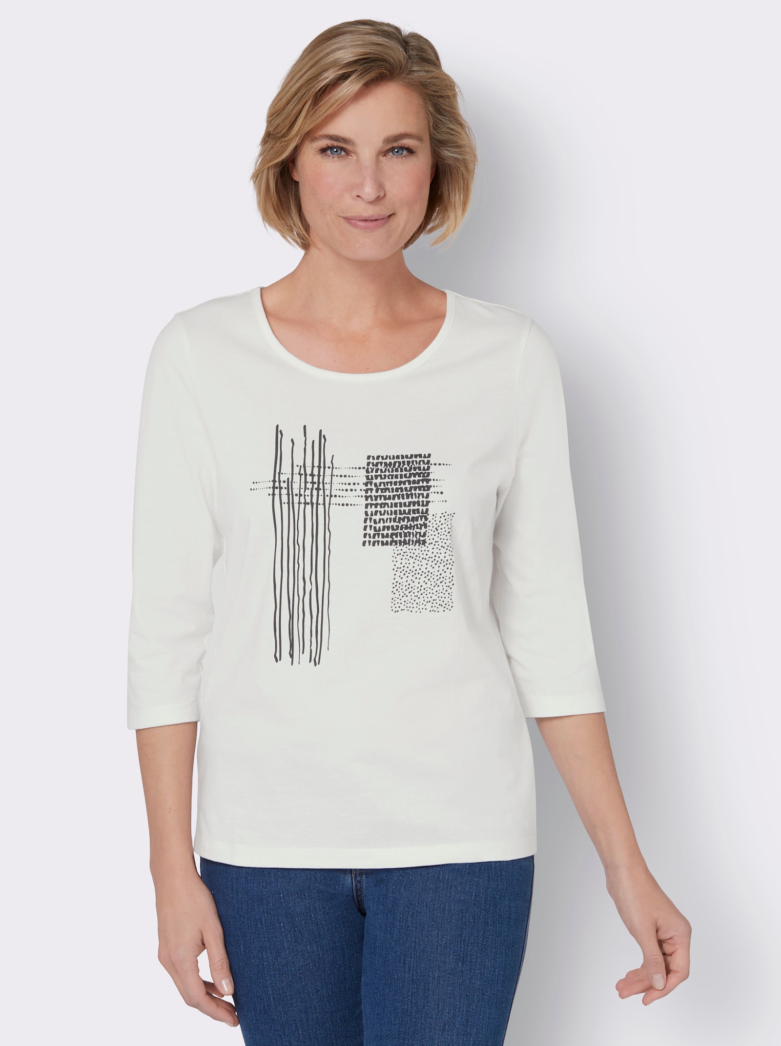 3/4-Arm-Shirt mit grafischem Druck - ecru-schwarz