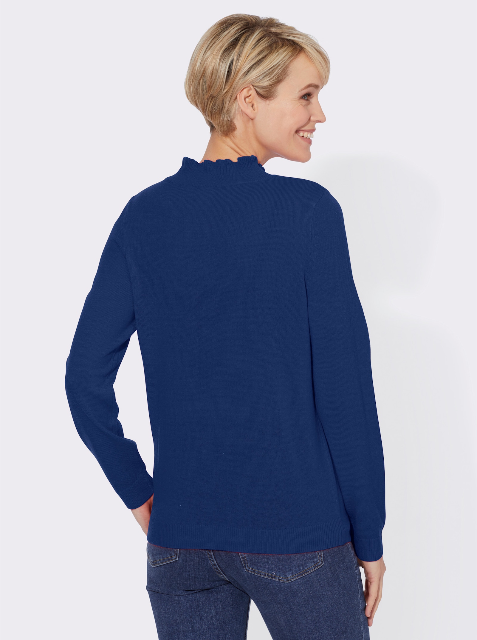 Stehkragenpullover mit Rüschen-Ausschnitt - royalblau