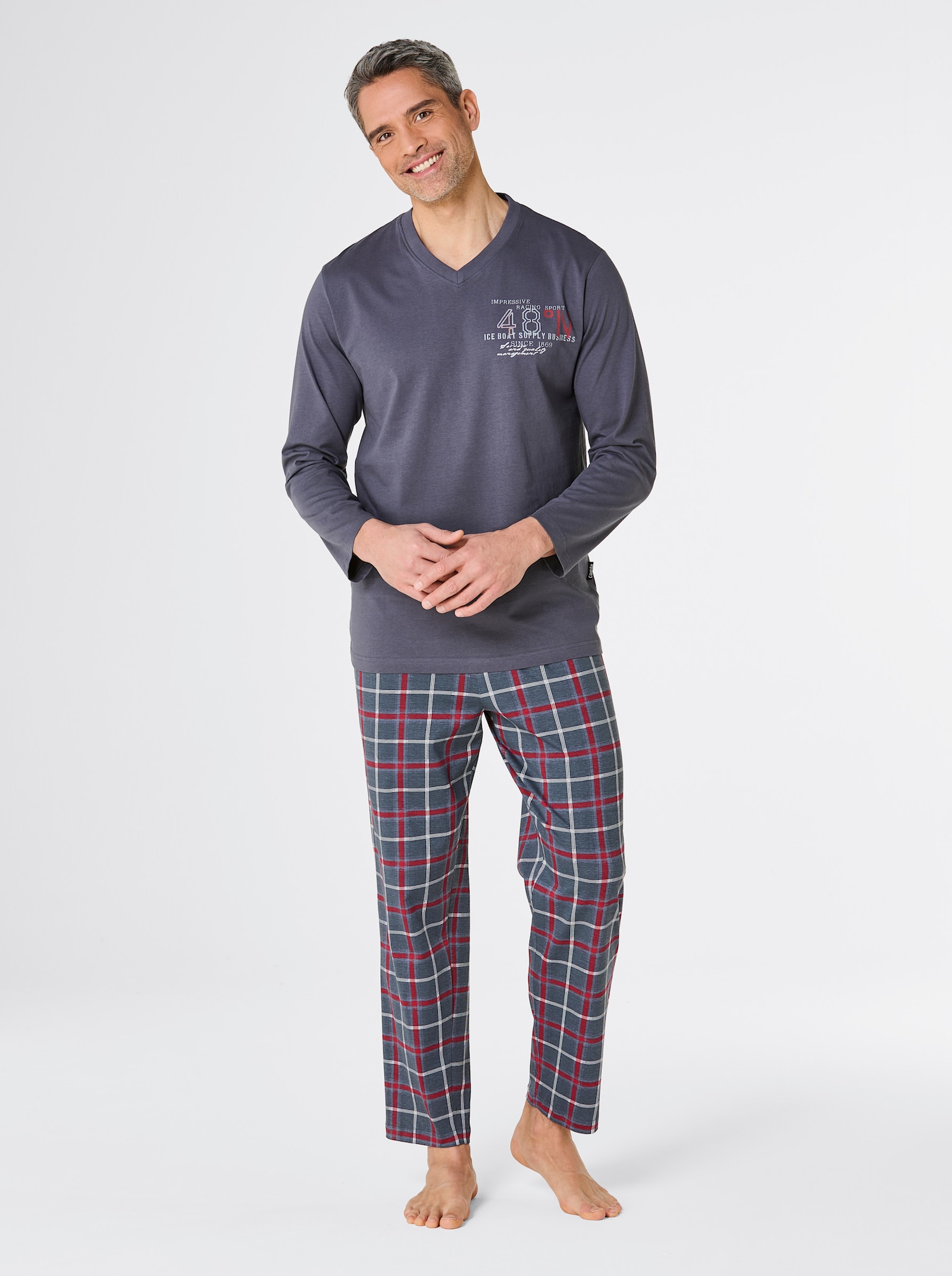 Comte Schlafanzug - anthrazit-rot-kariert